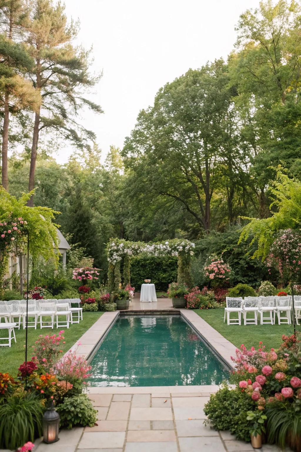 Lush greenery enhancing the natural beauty around the pool.