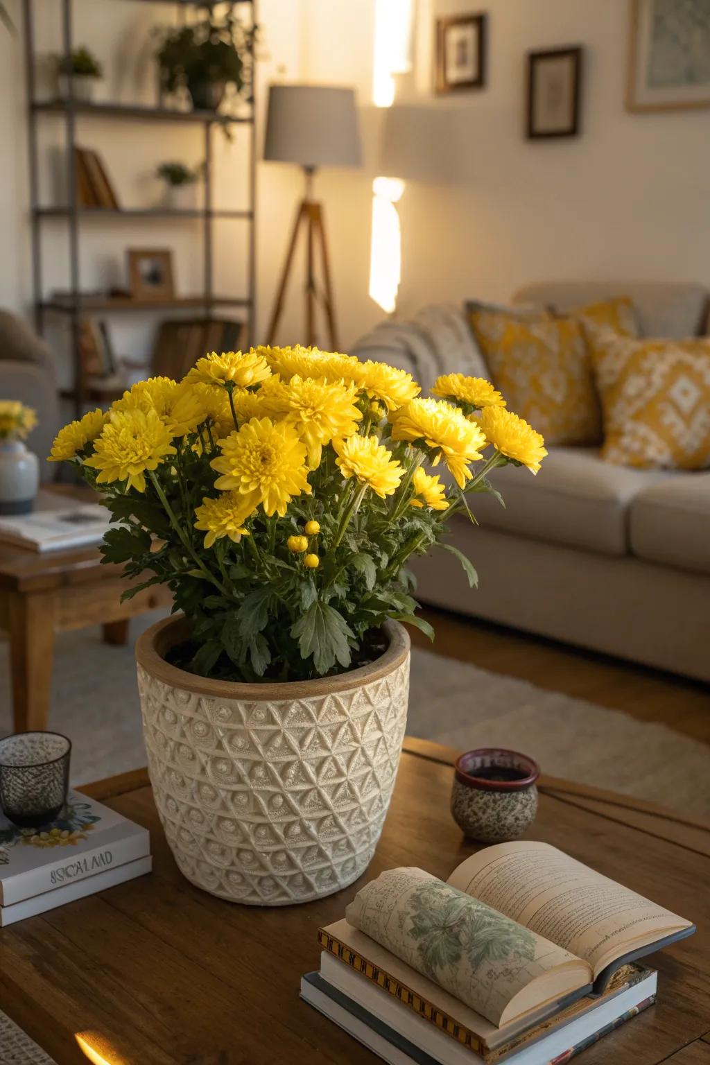 Potted yellow chrysanthemums offering lasting comfort.
