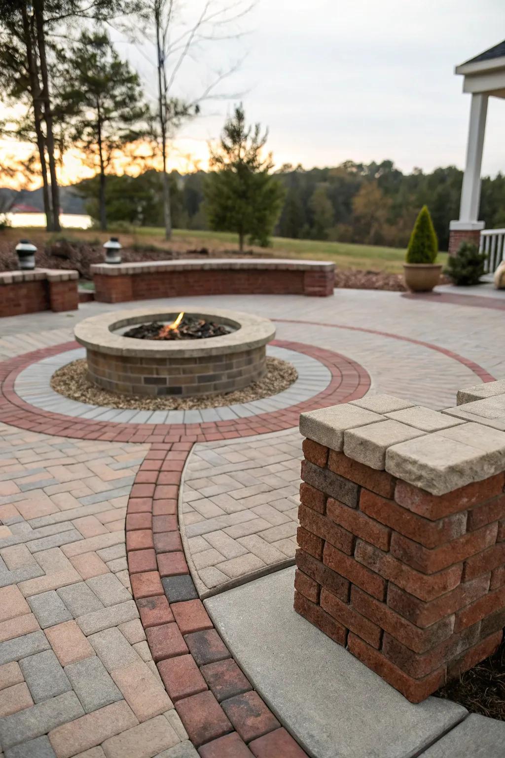 A circular patio design with a charming mix of brick and concrete.