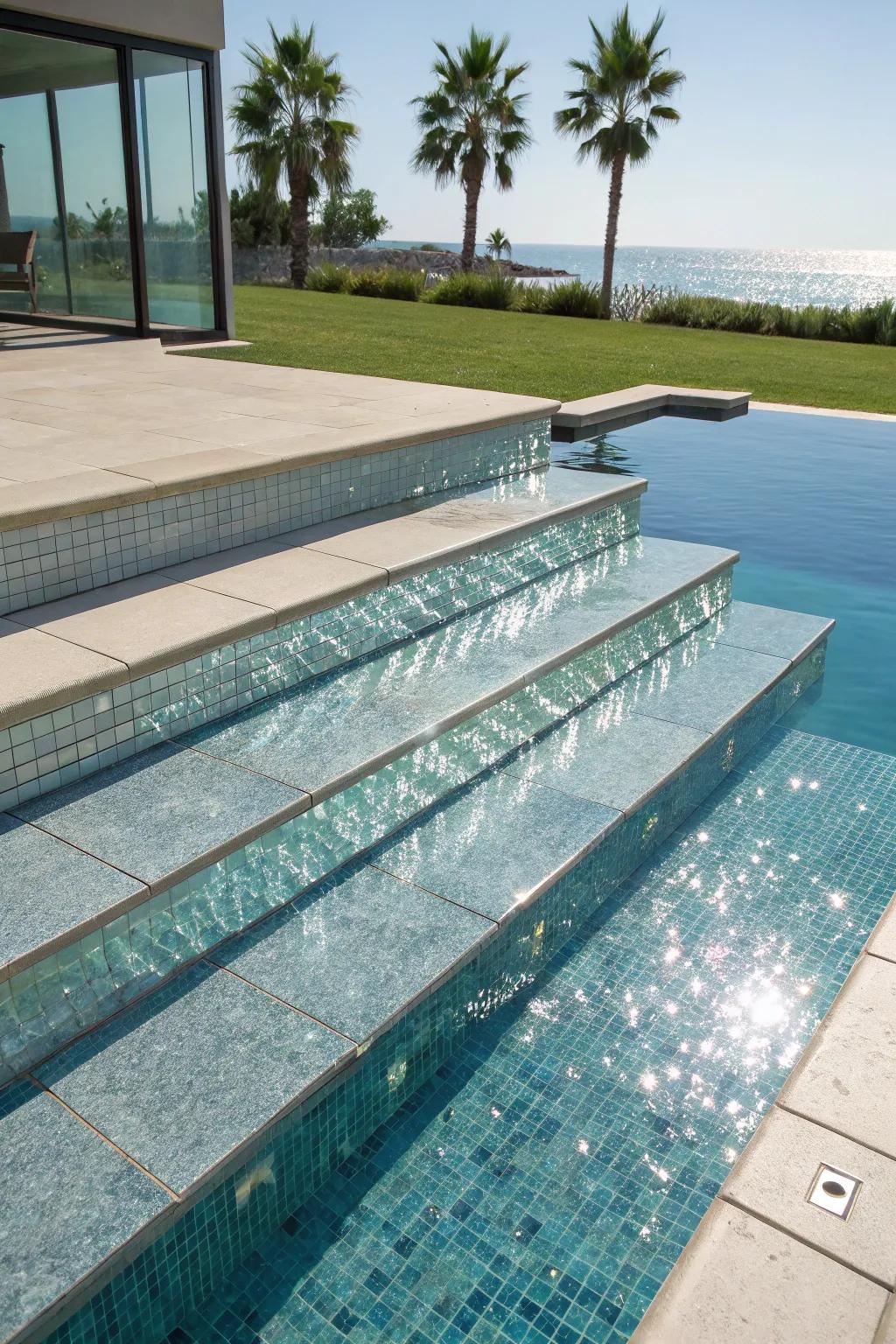 Glass tiles create a dazzling effect on pool steps.