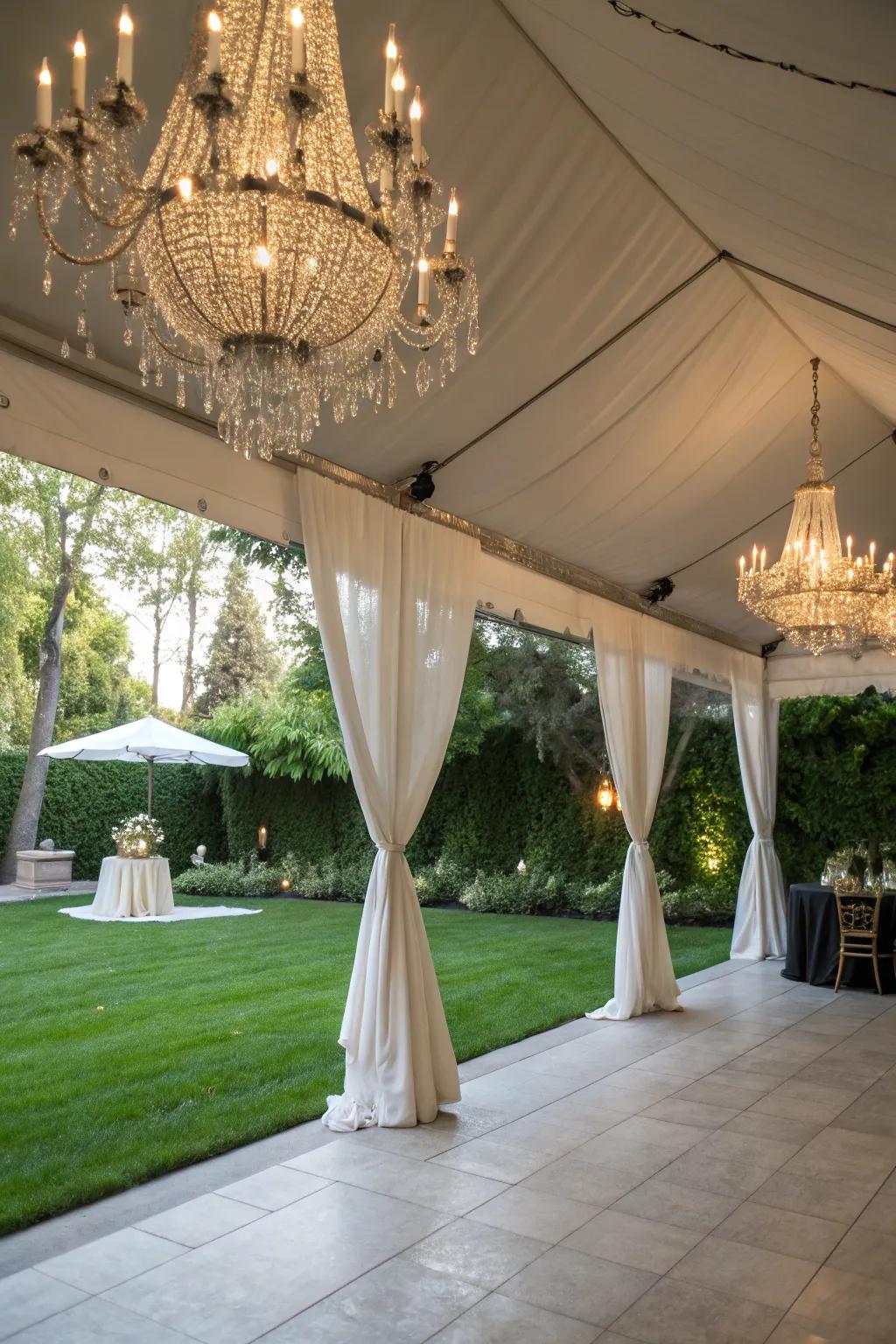 Chandeliers add a touch of glamour to the ambiance.