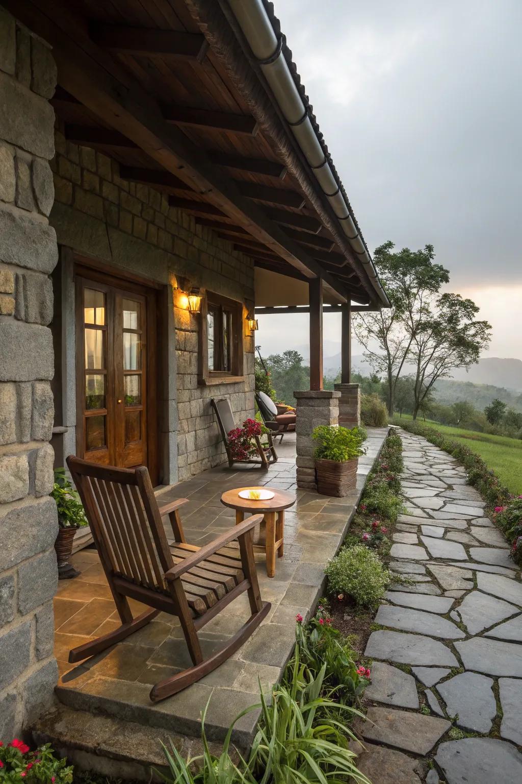 A rustic porch with natural materials.