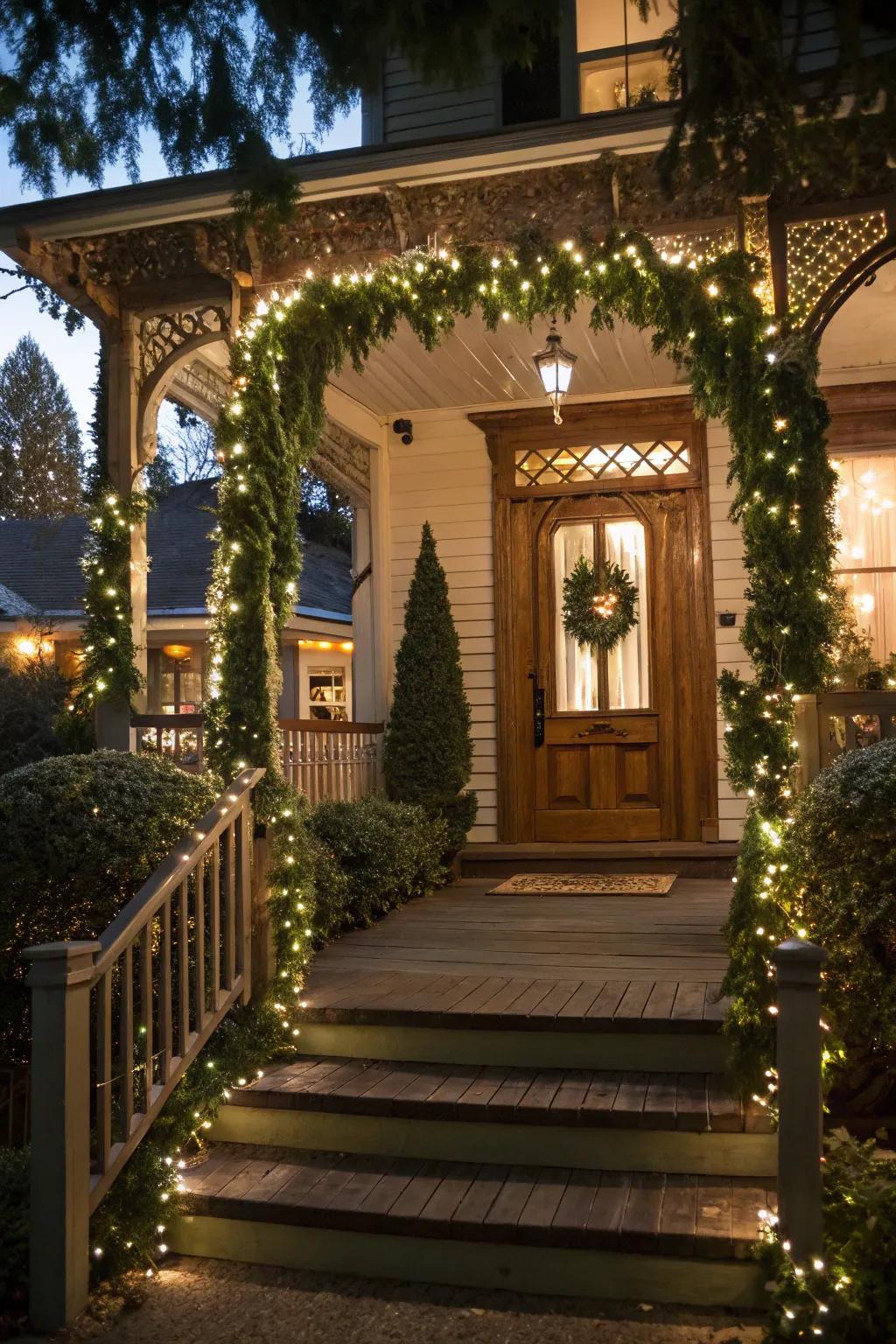 Twinkling garlands framing a festive porch entrance.