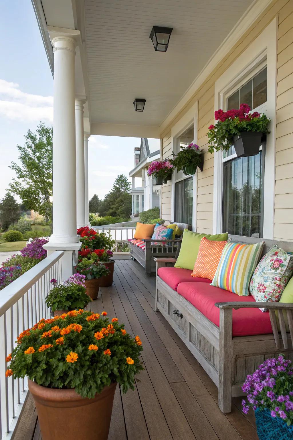 Colorful accents bring joy and vibrancy to your porch.