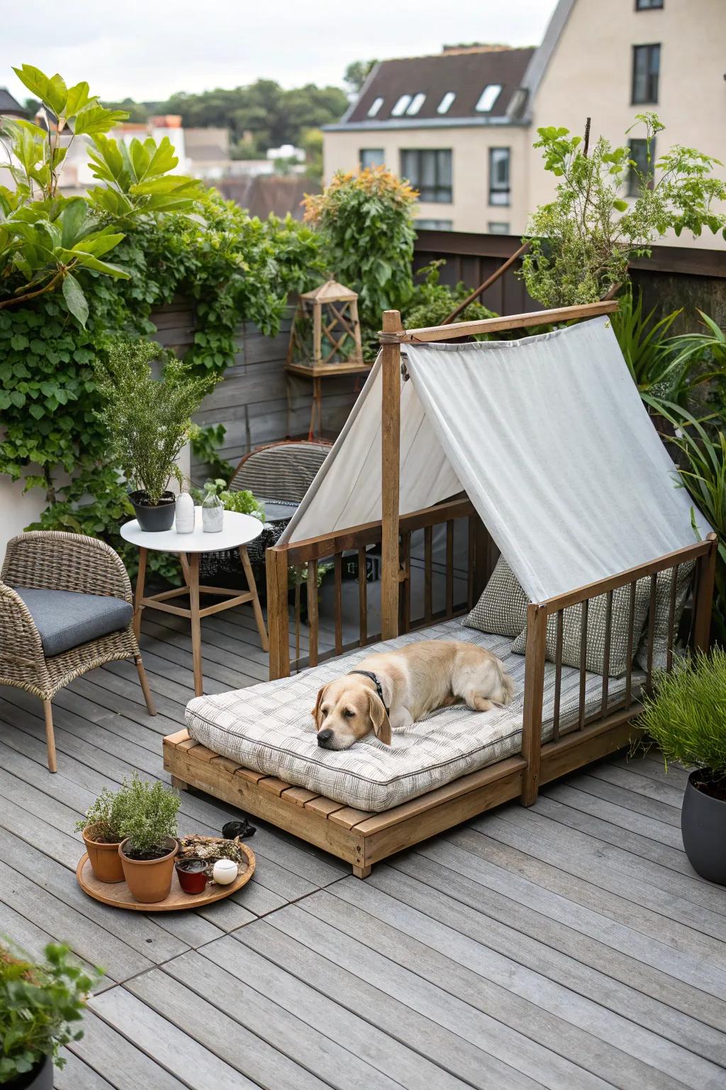 A chic dog bed with a canopy, blending seamlessly with patio decor.