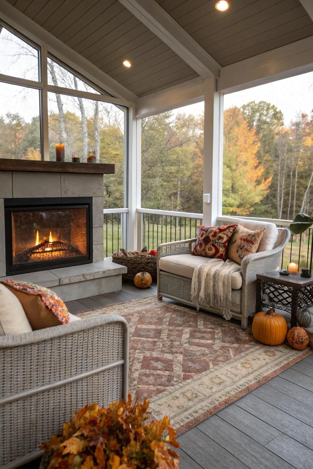A modern electric fireplace brings warmth and charm to your porch.