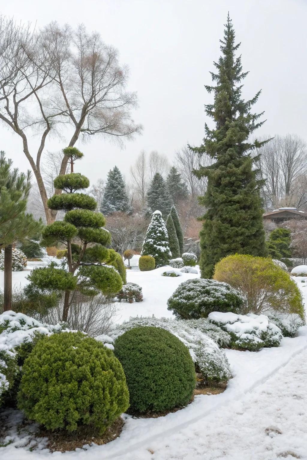 A picturesque garden featuring diverse evergreen trees and shrubs covered in snow.
