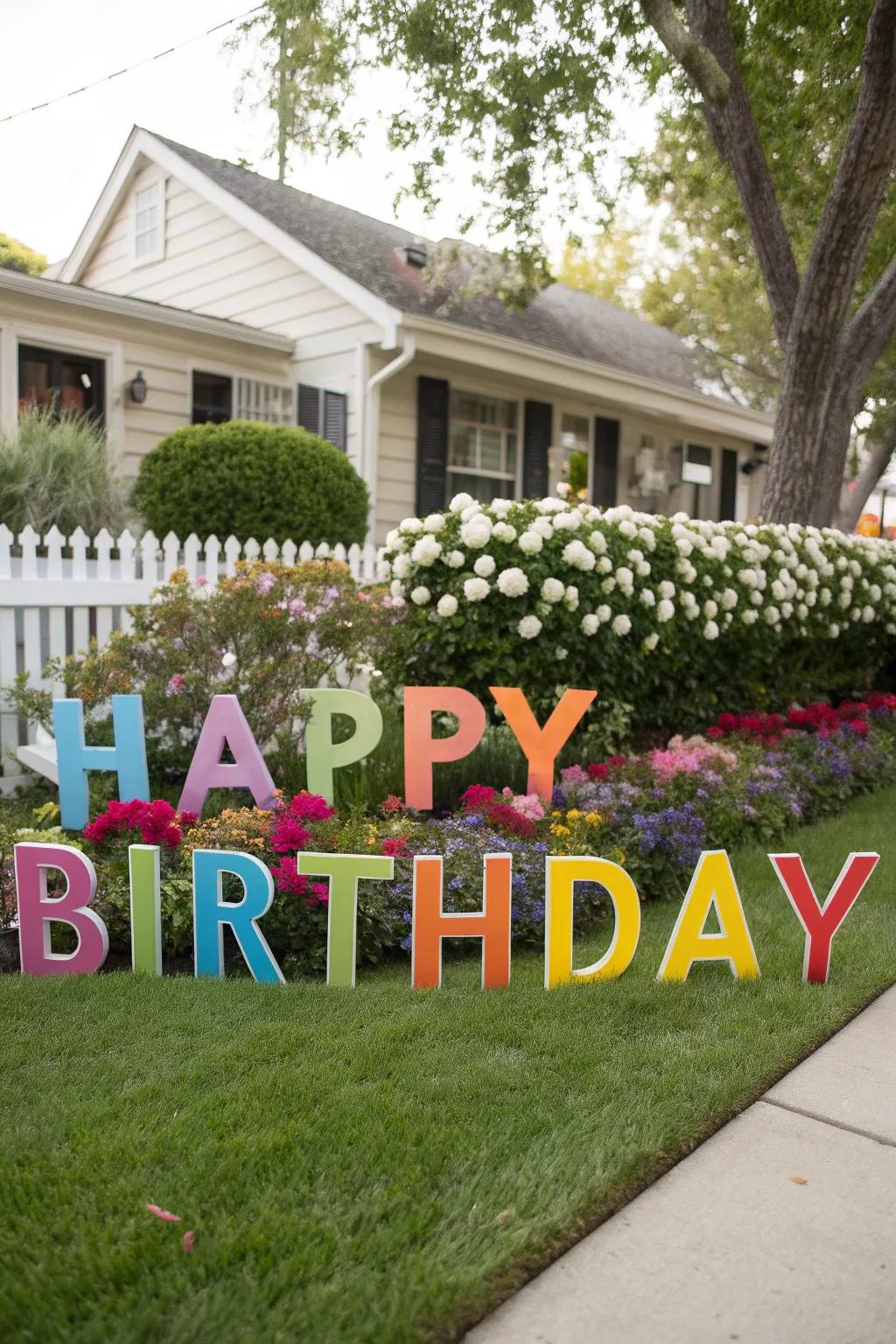Bold letters making a statement in the yard.