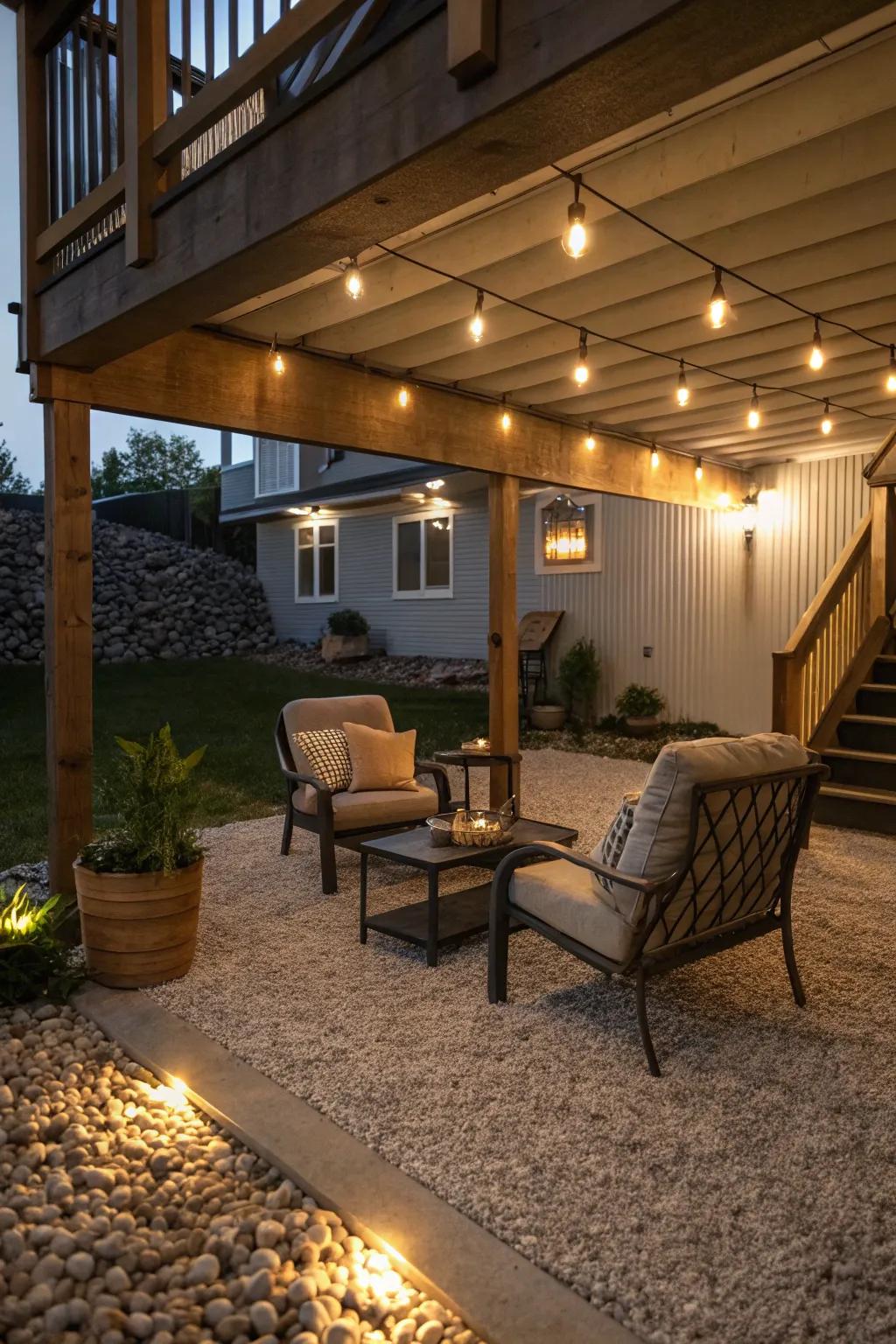 A cozy under-deck patio created with gravel and inviting seating.