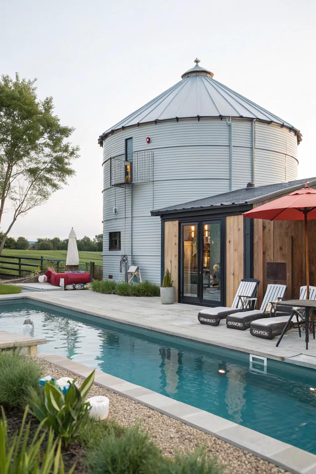 A grain bin turned into a stylish pool house.