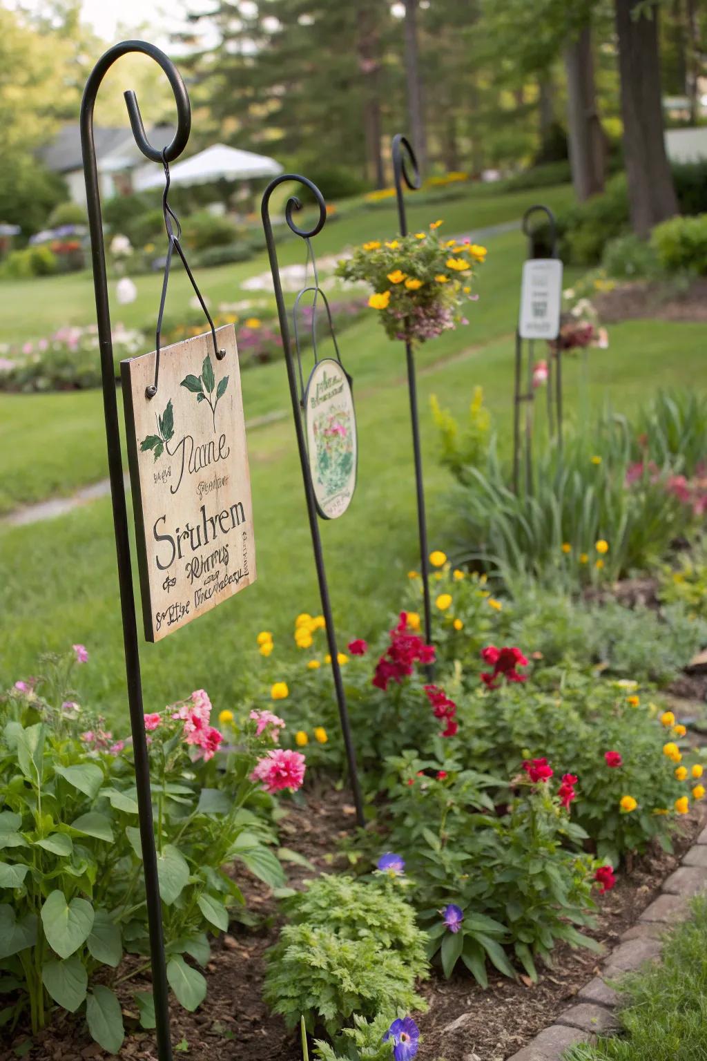 Personalized garden signs add a welcoming touch.