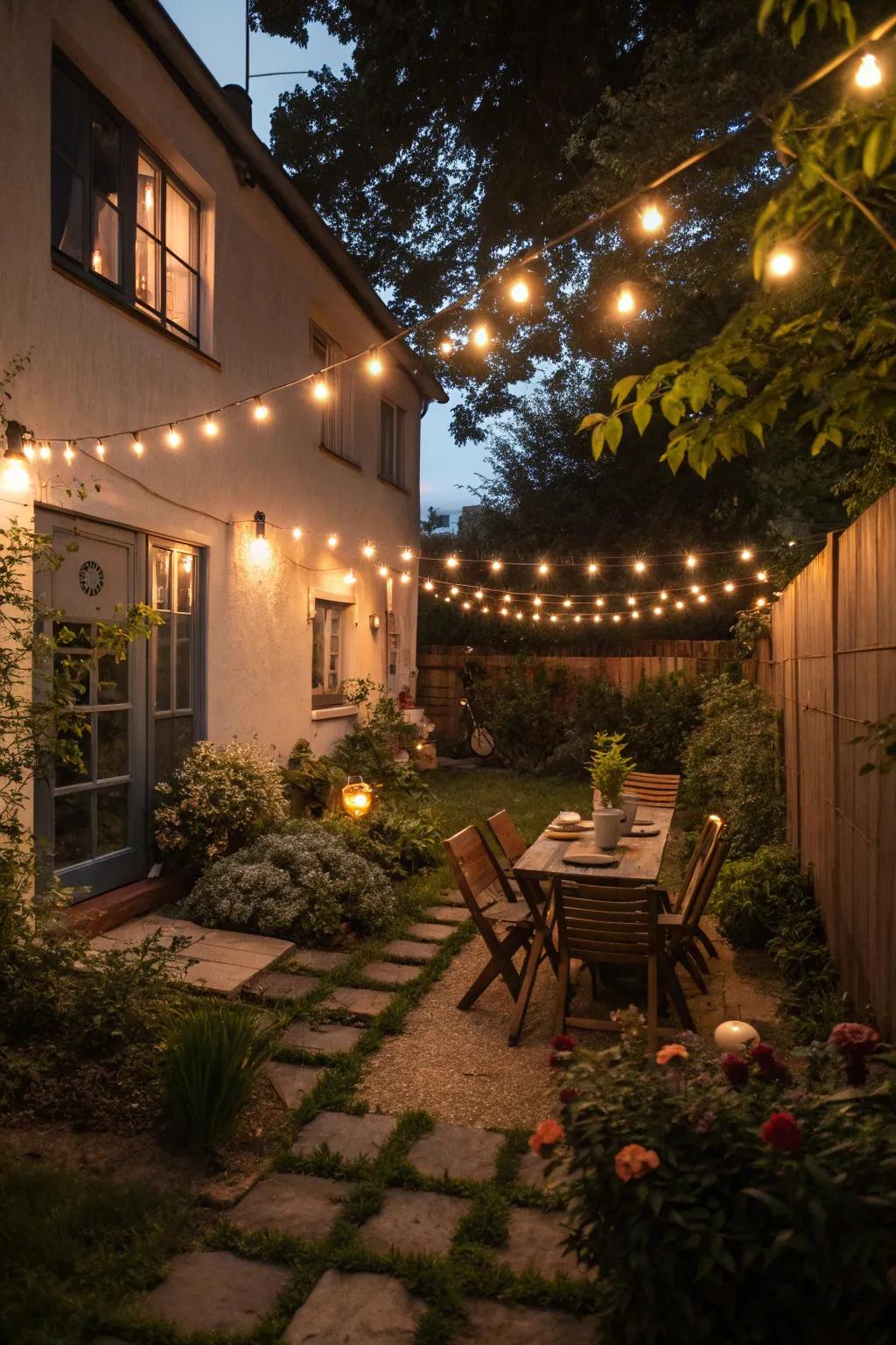 Ambient lighting adds warmth and charm, perfect for evening gatherings.