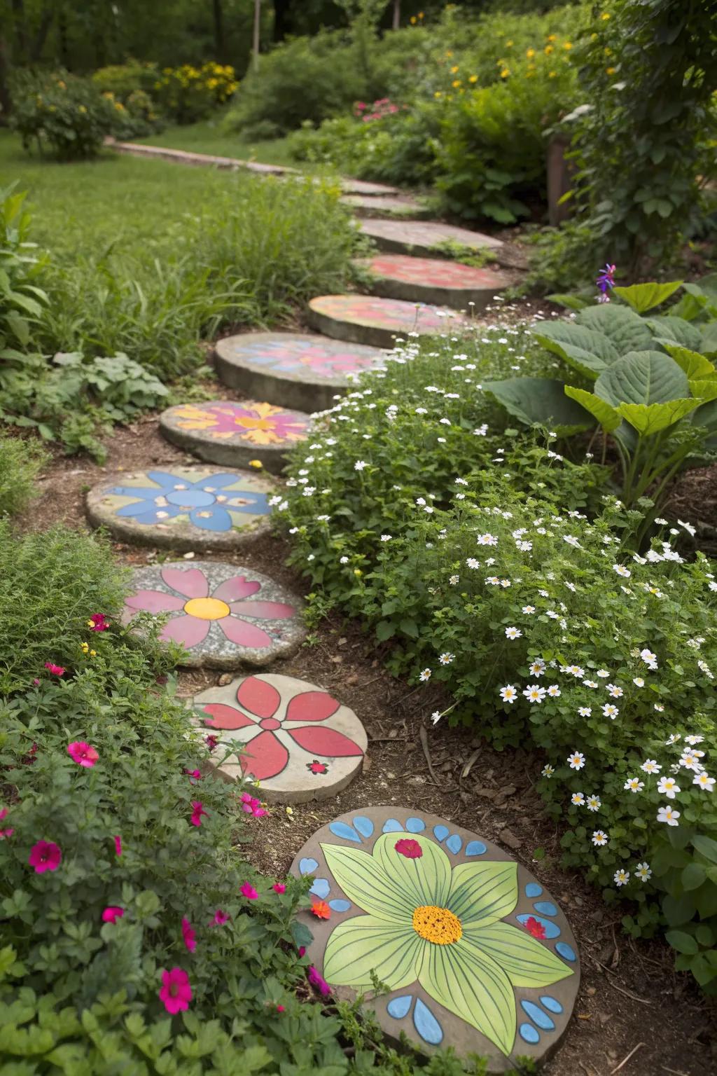 Painted stones add a colorful artistic flair to the pathway.