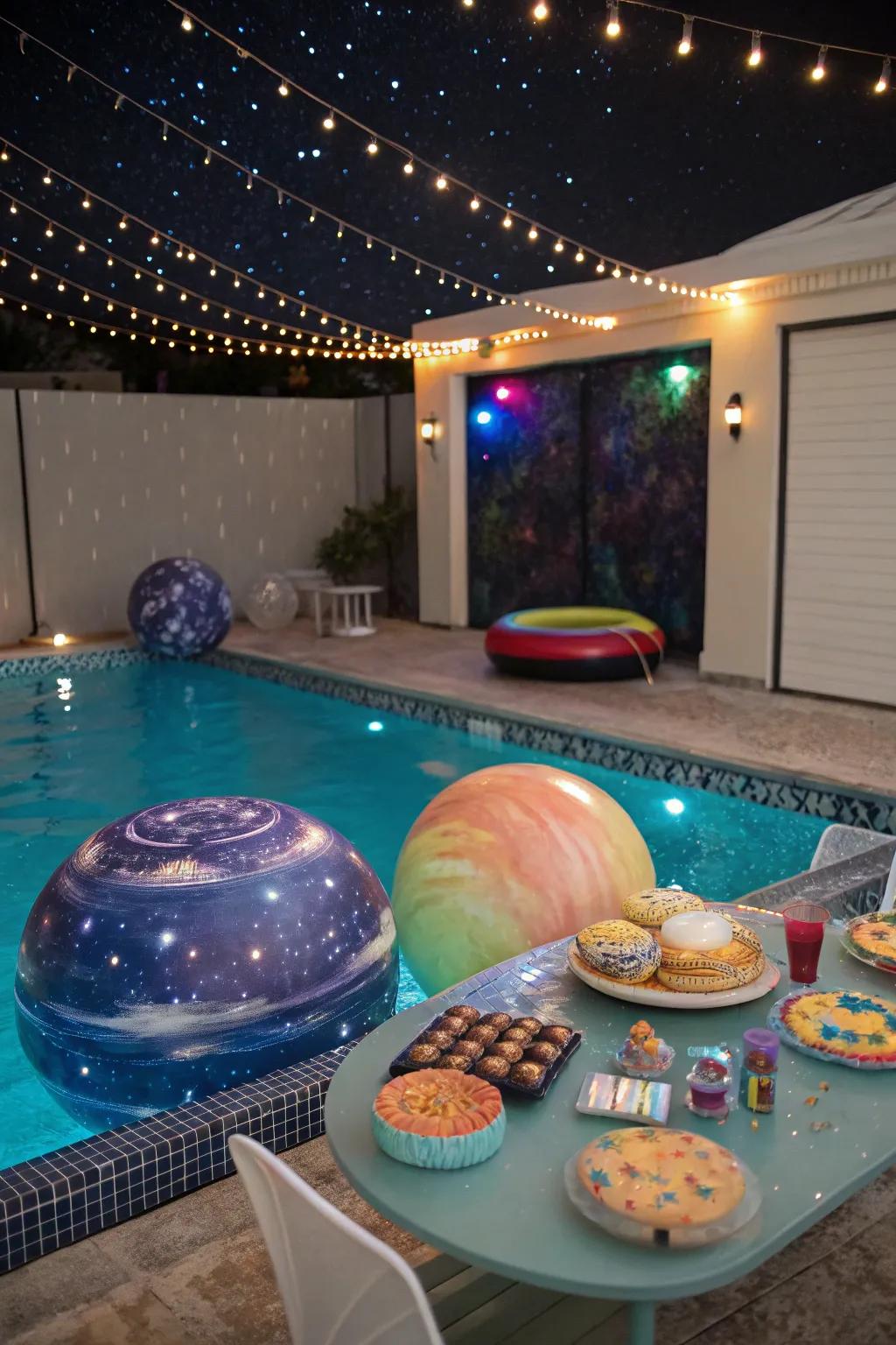 A space-themed pool party with cosmic decorations.