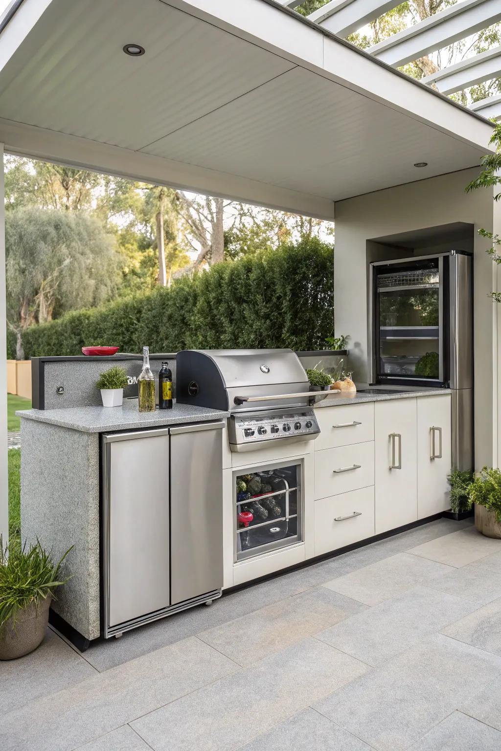 A compact fridge keeps essentials cool and handy.