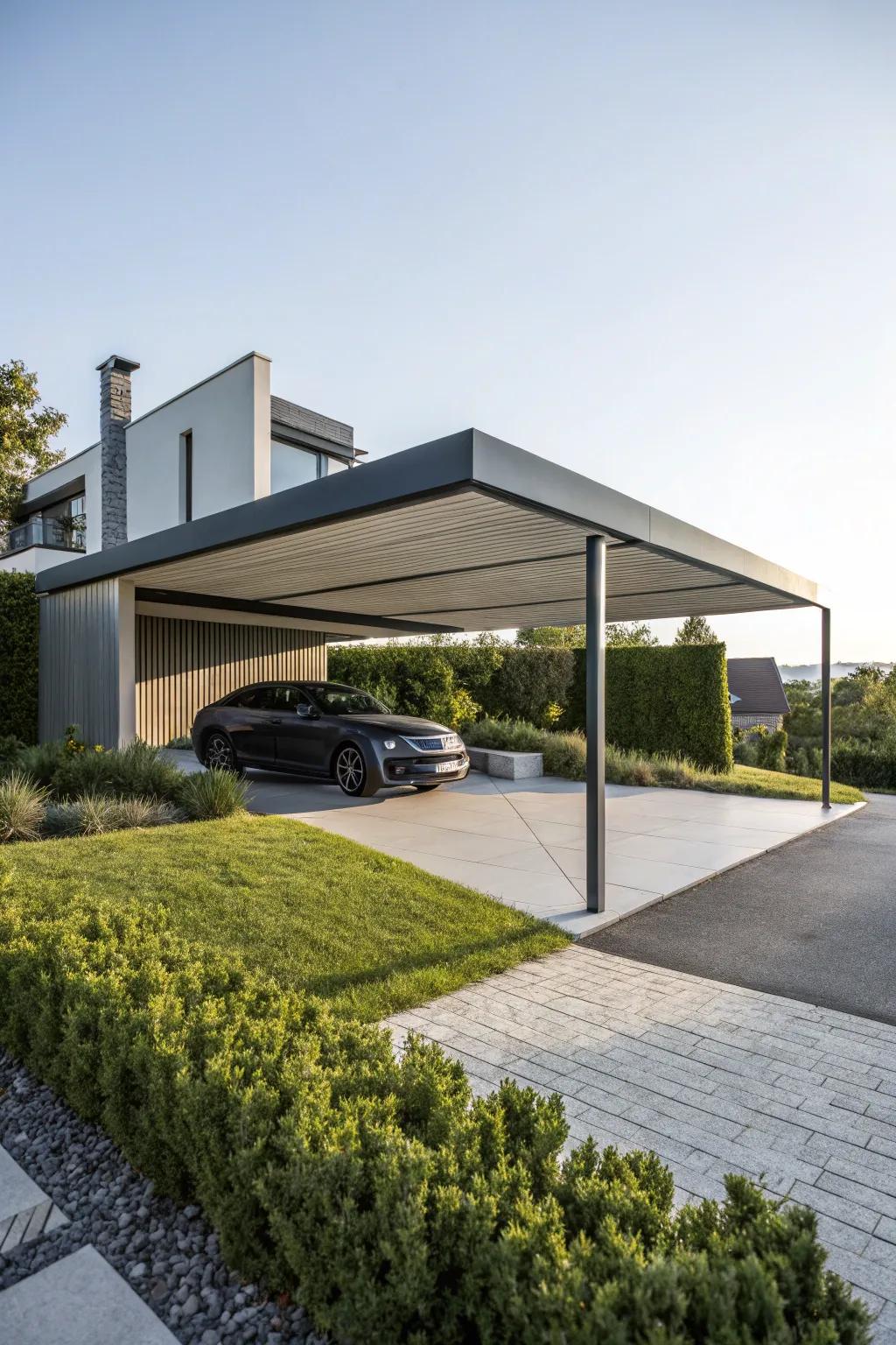 A chic and modern metal carport with clean lines.