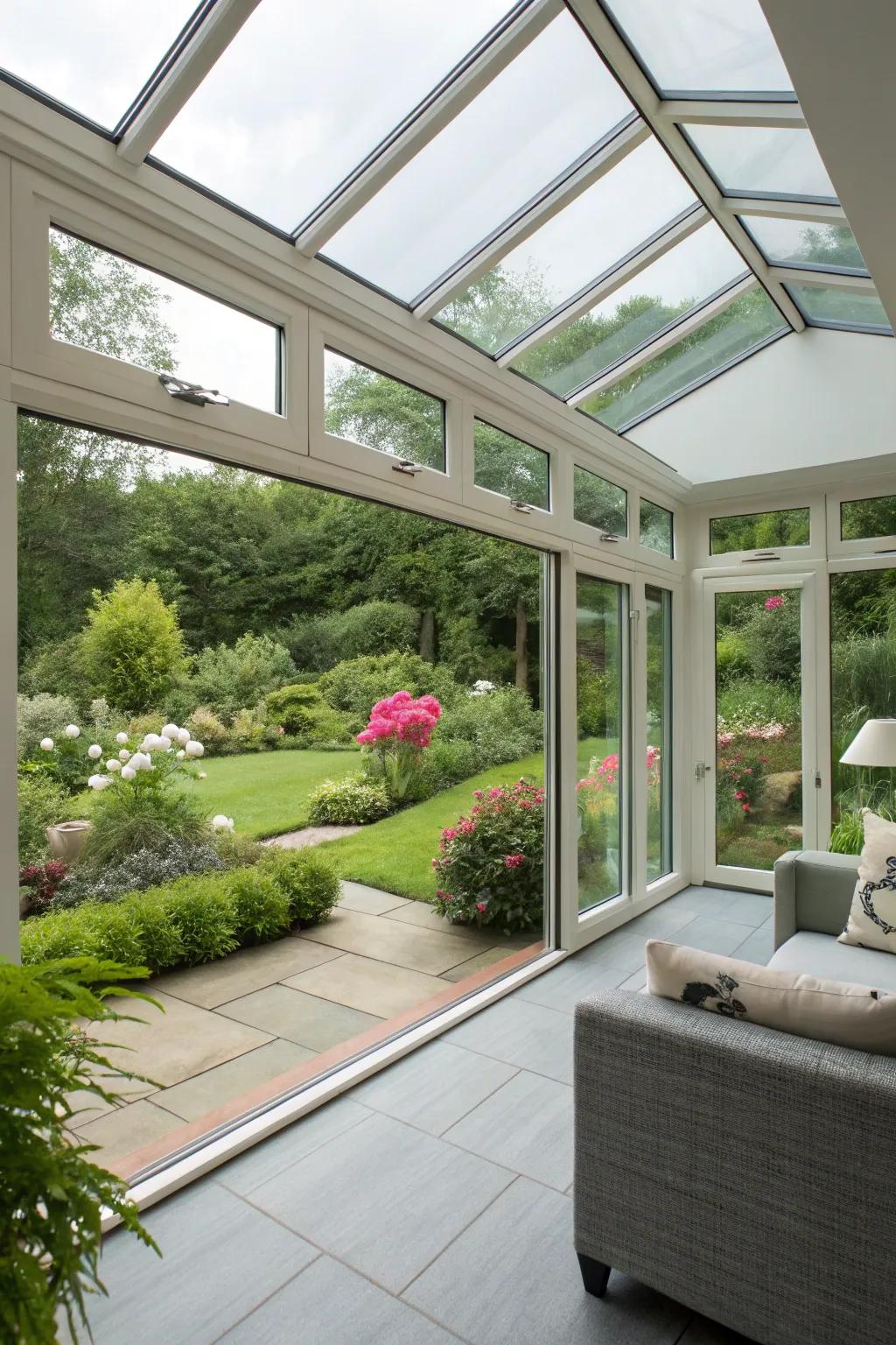 A conservatory with floor-to-ceiling glass provides breathtaking garden views.