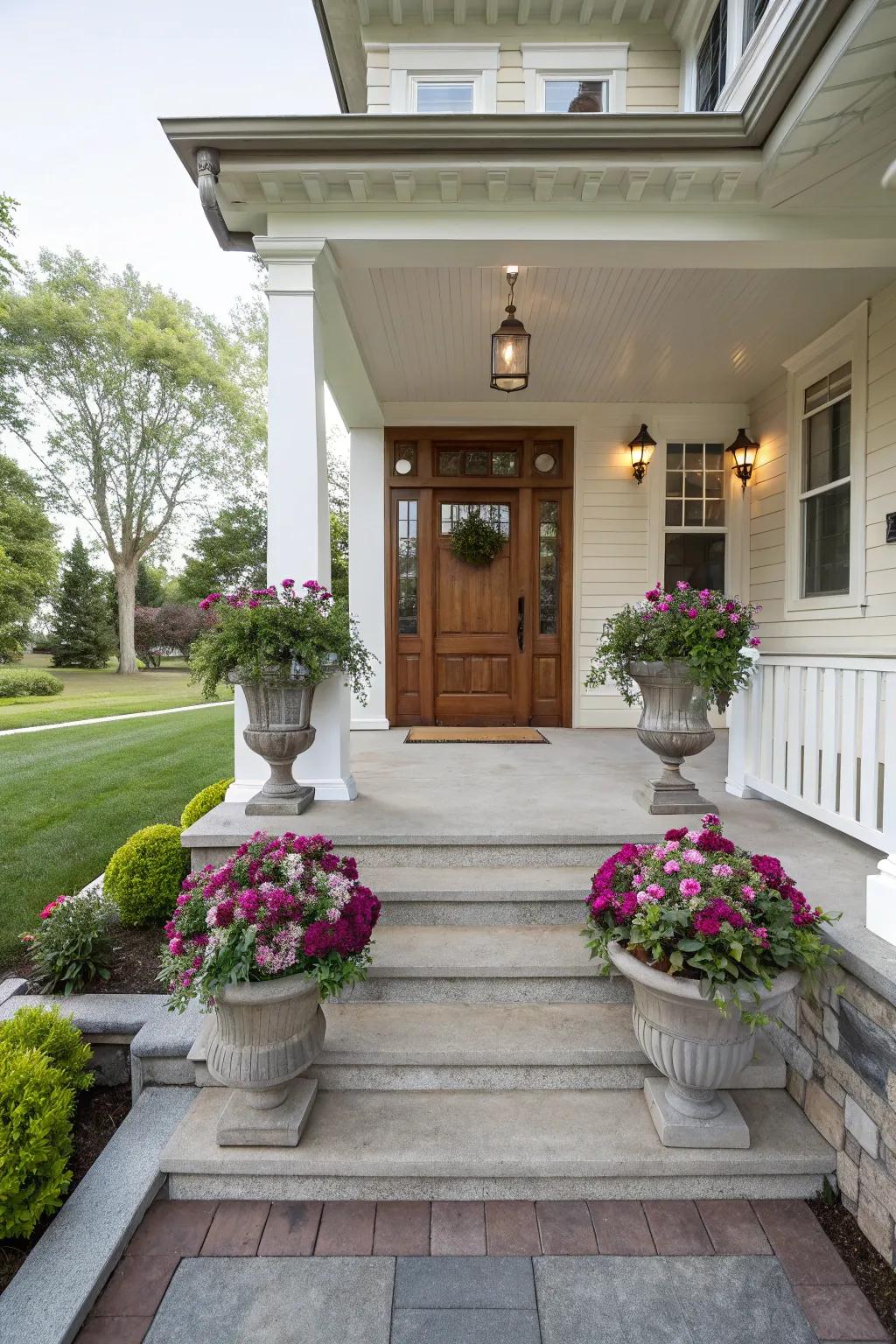 Symmetrical decor highlights the entrance beautifully.