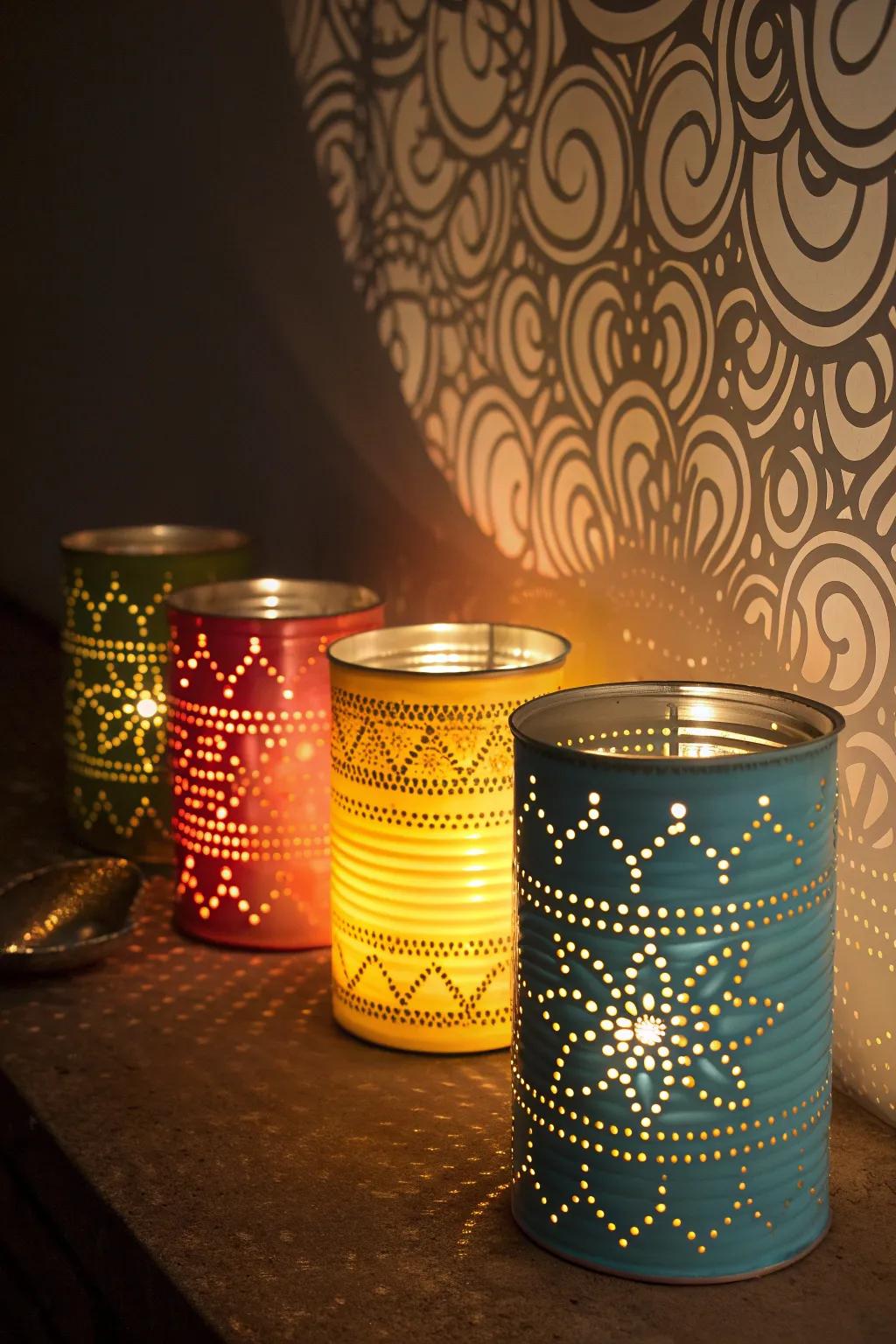 Tin can luminaries casting intricate patterns.