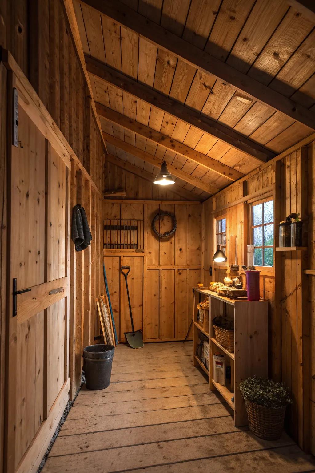 Wood paneling adds a rustic charm to any shed interior.