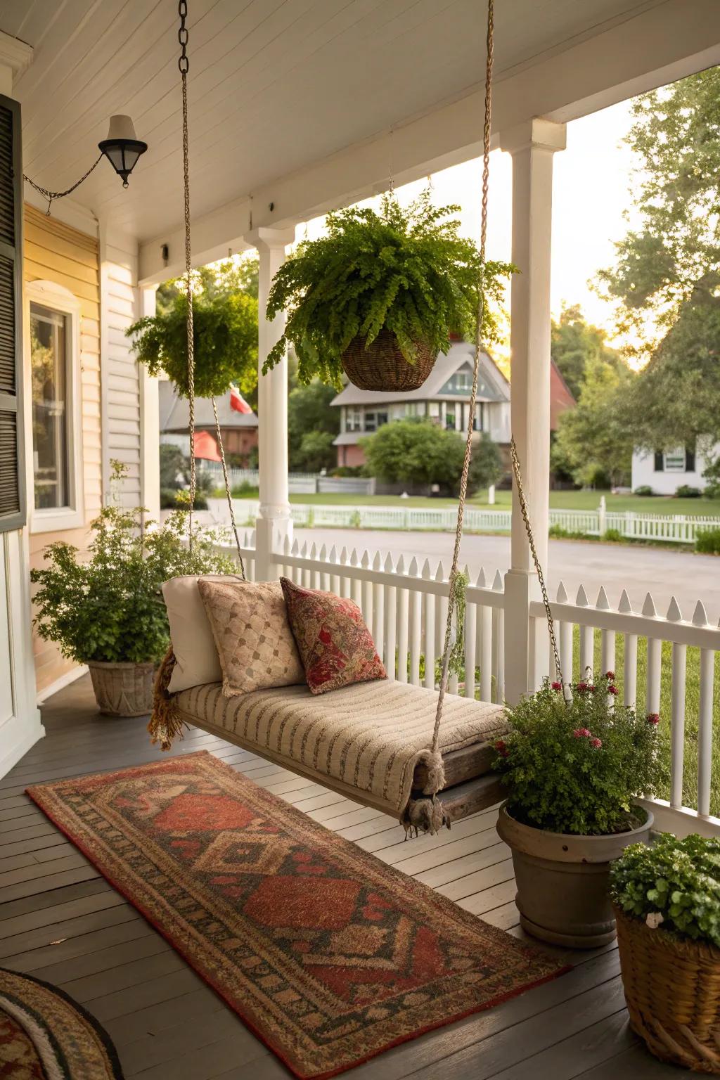 A porch swing inviting relaxation.