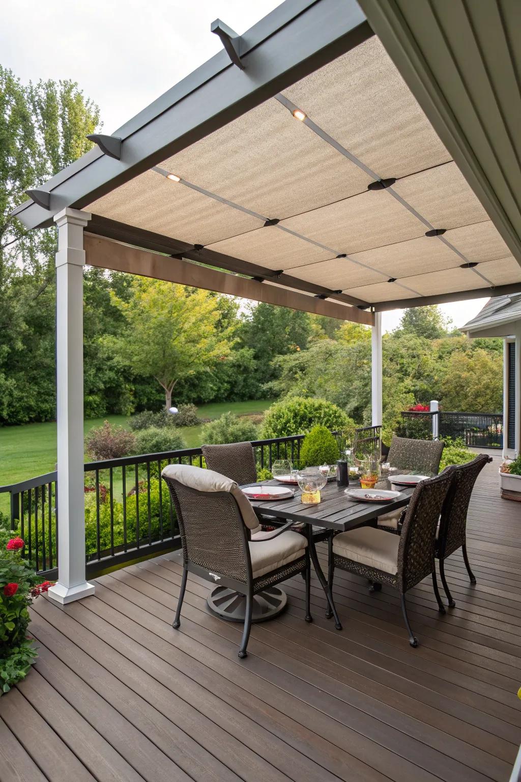 A covered patio provides a permanent and comfortable outdoor space.