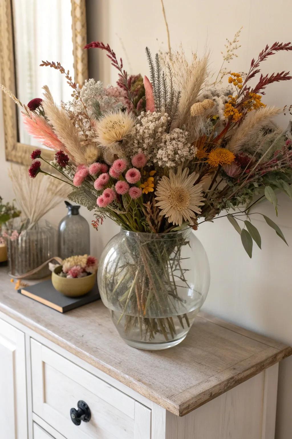 An arrangement of dried flowers in a clear vase.