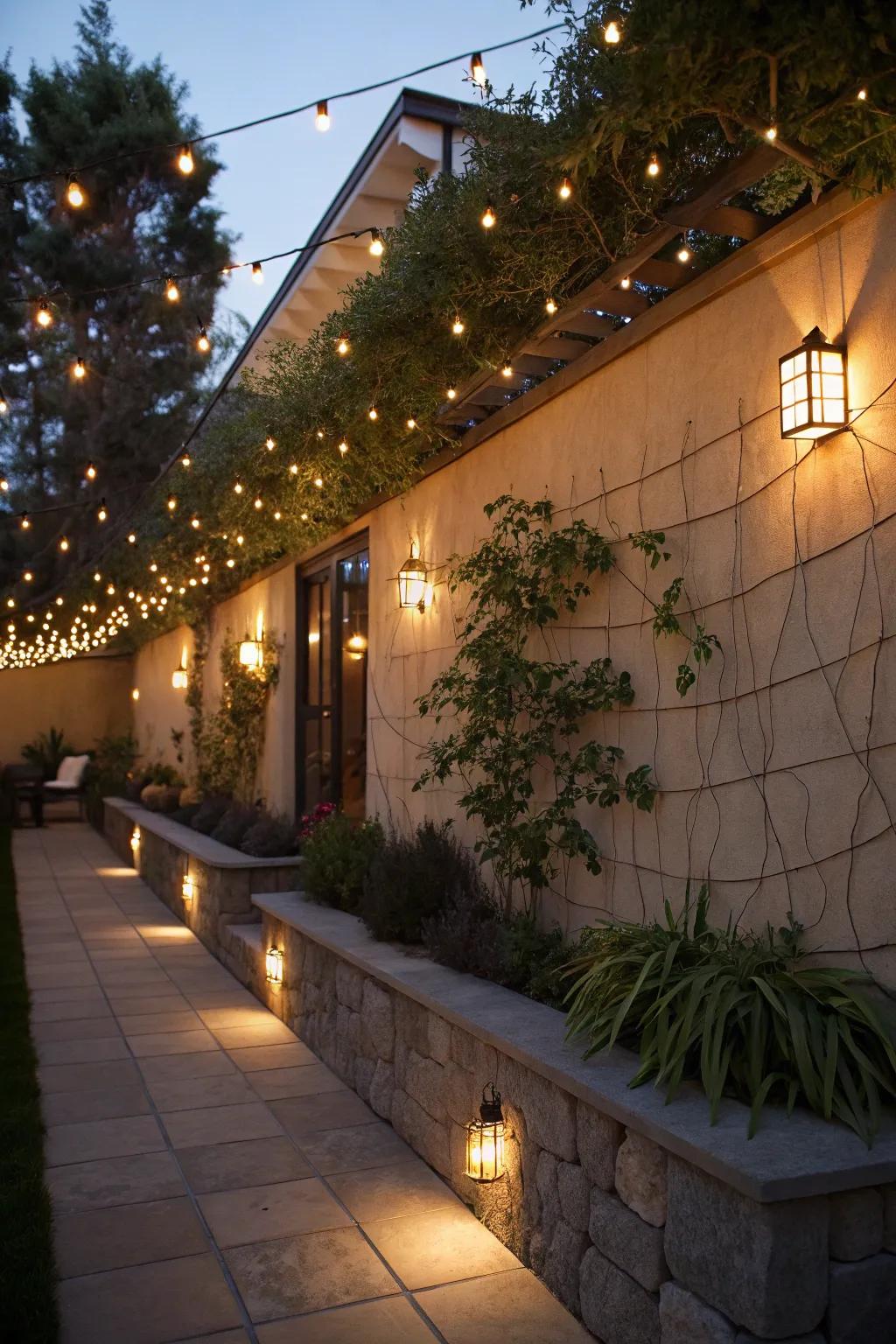 Embedded lighting features turn an outdoor wall into a magical nighttime retreat.