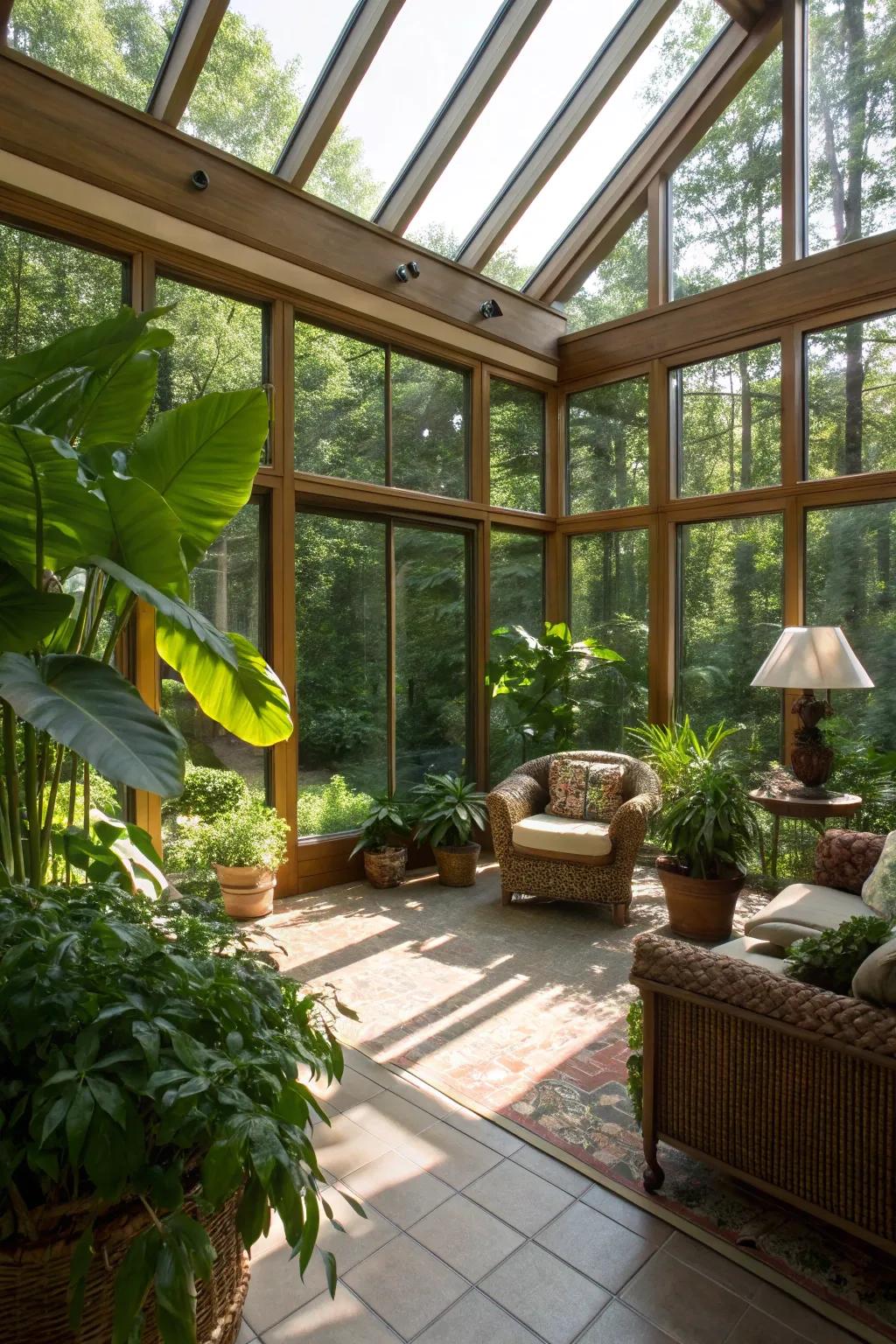 A sunroom bathed in natural light through extensive glass walls.