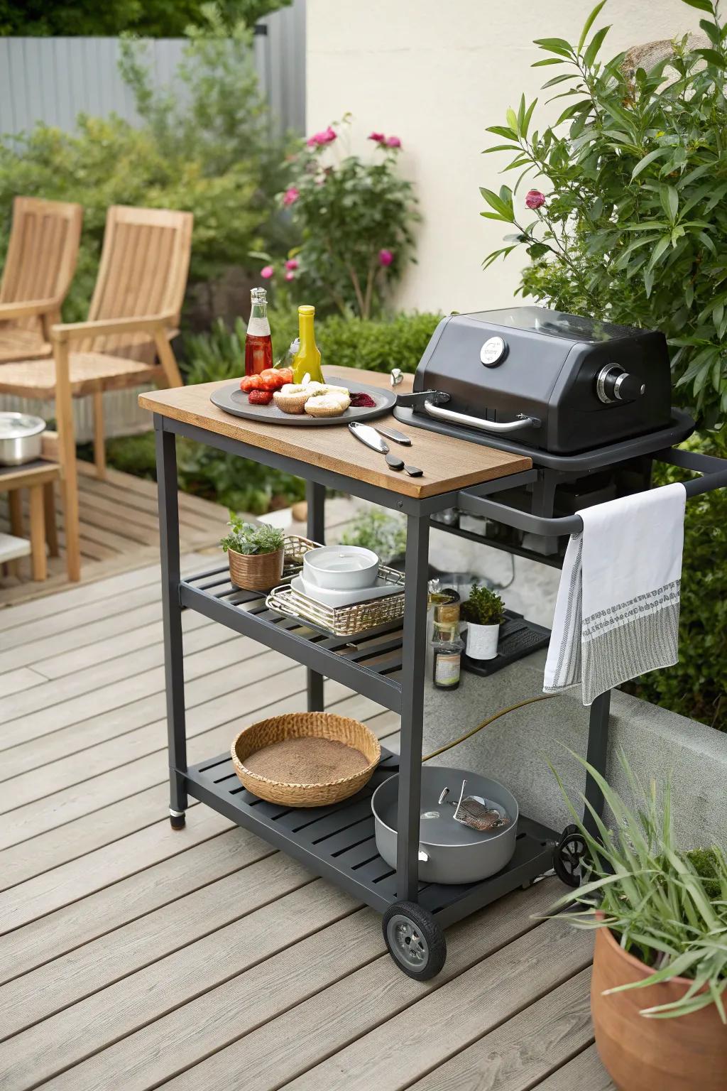 A wheeled side table offers flexibility and convenience.