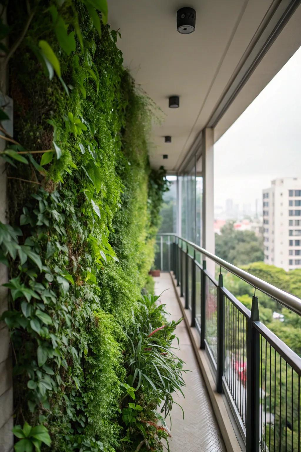 A lush vertical garden wall on a closed balcony.