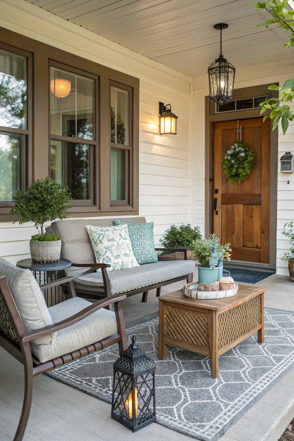 A cozy coffee table setup makes your porch inviting and functional.