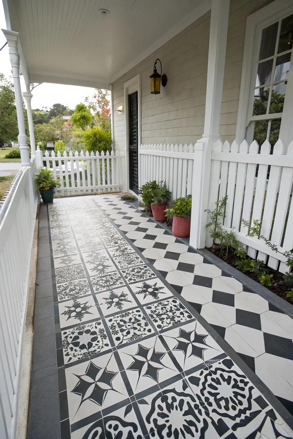 A modern porch with striking geometric tile patterns.