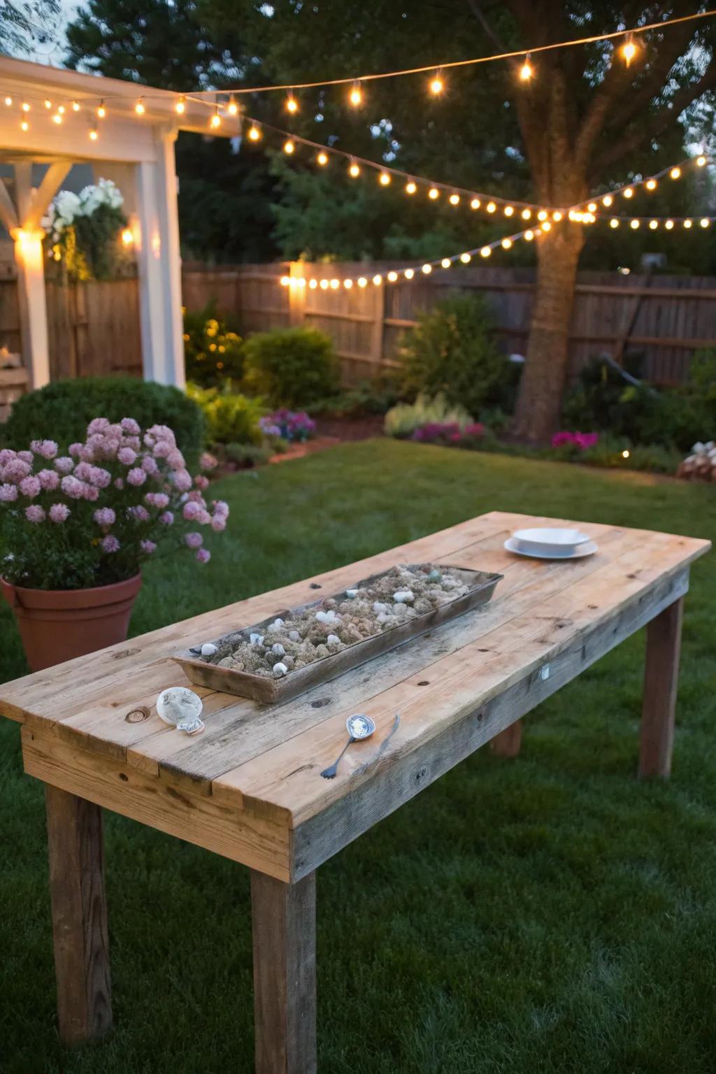 A beautifully rustic oyster table made from reclaimed wood.