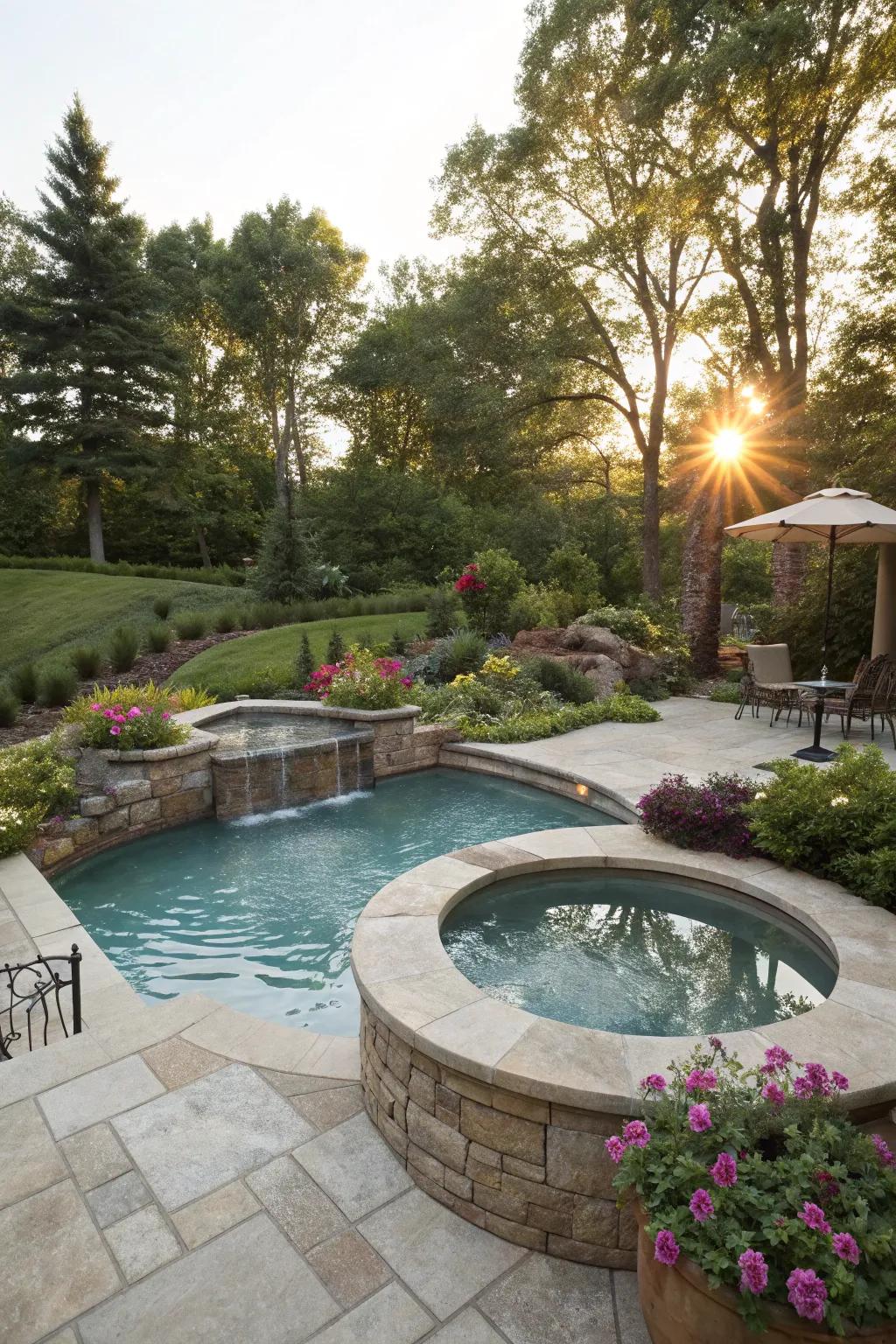 A sunken hot tub within the pool adds a touch of luxury to your backyard.