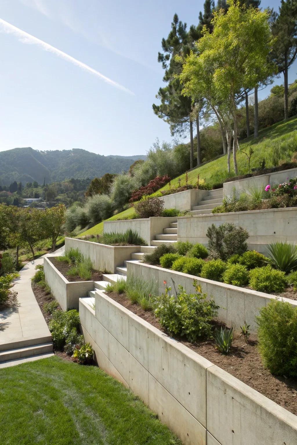 Terraced concrete walls creating functional garden spaces.