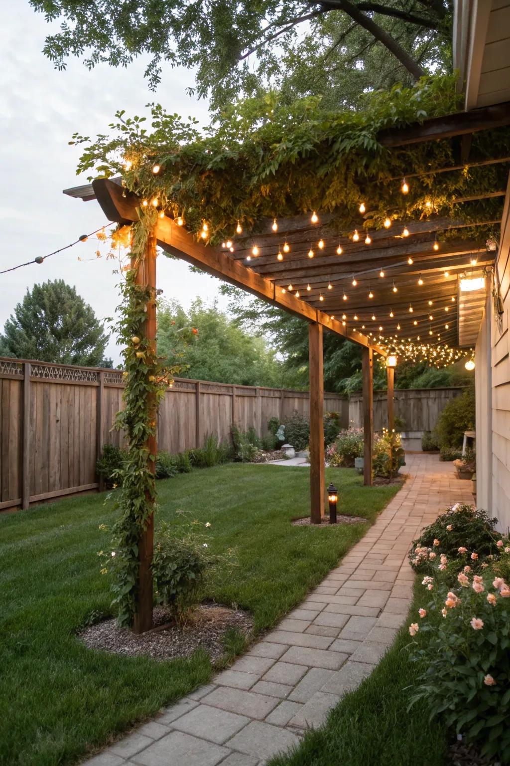 String lights add a warm glow to a side yard pergola, perfect for evening gatherings.