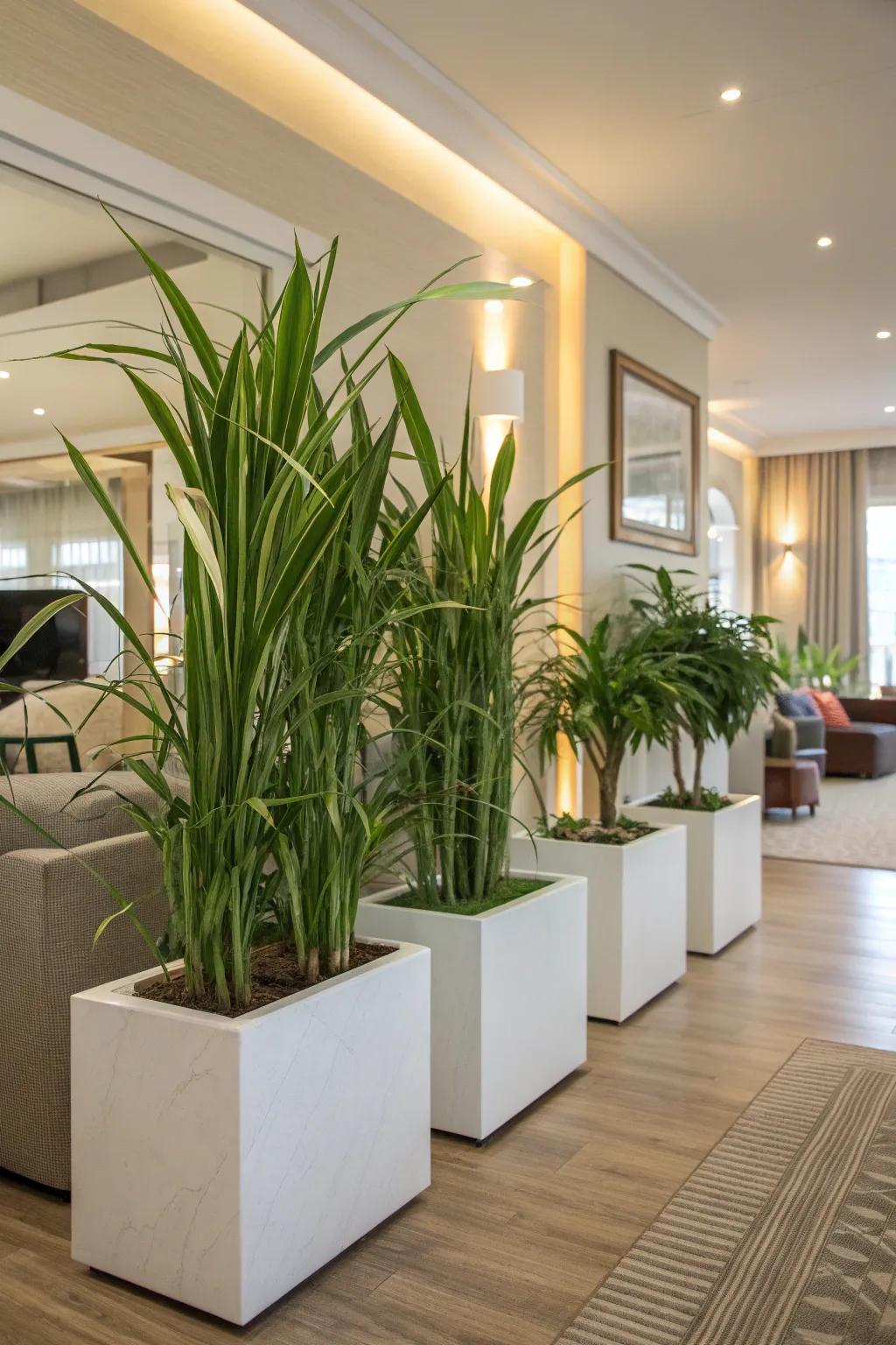 Planters as dividers offer privacy and a touch of nature.