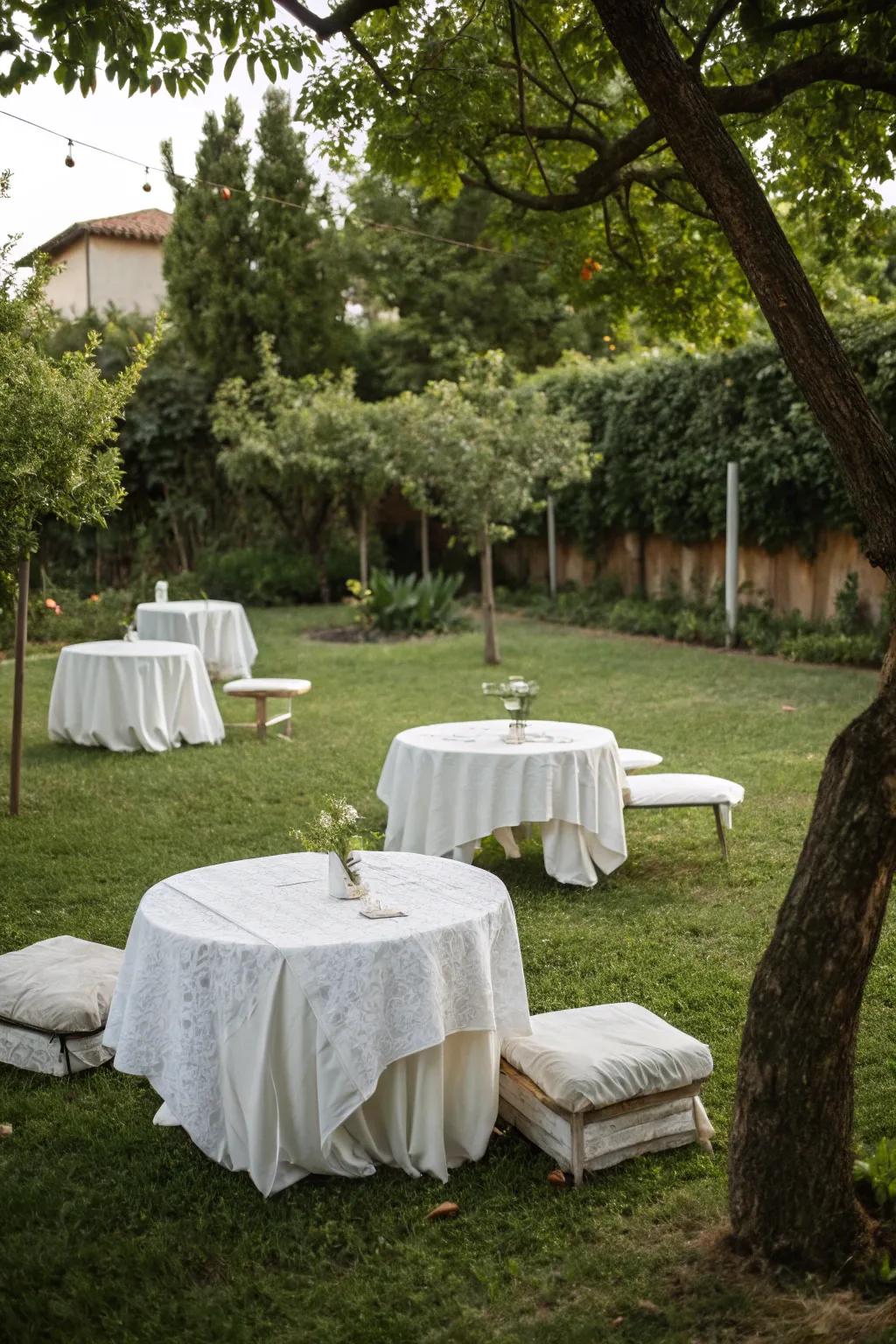 Picnic-style seating with white tablecloths invites relaxation.