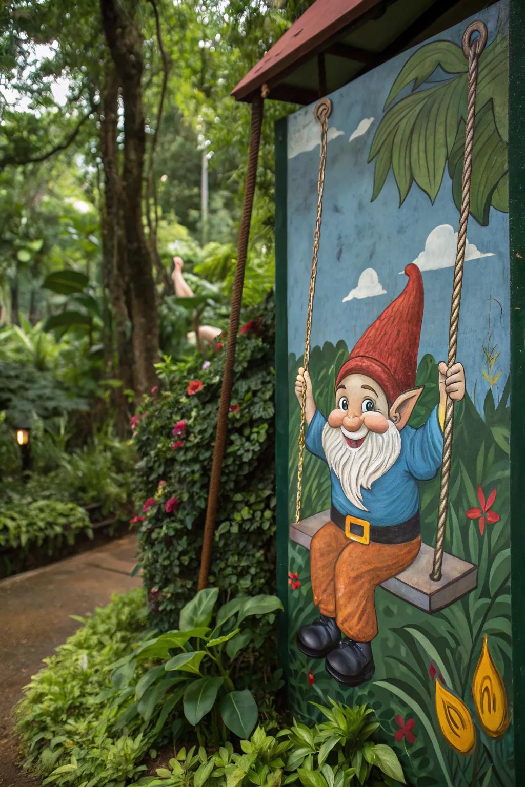 A gnome on a swing brings a playful charm to home decor.