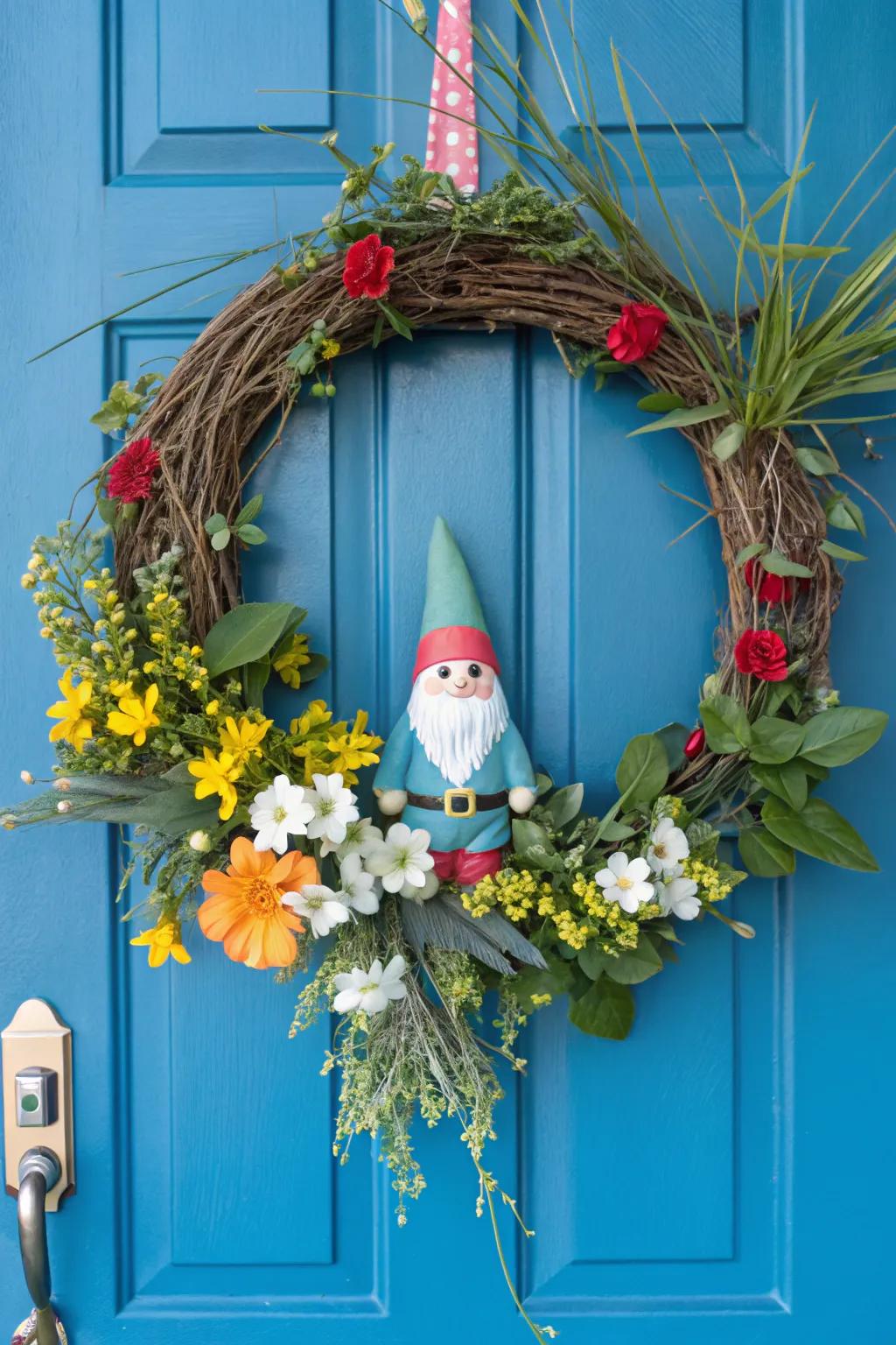 Spring blossoms meet gnome charm.