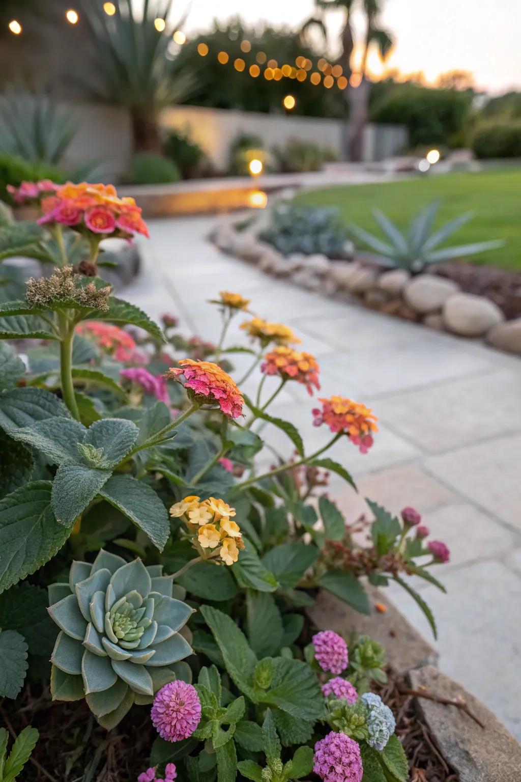 Lantana and succulents create a textural contrast.