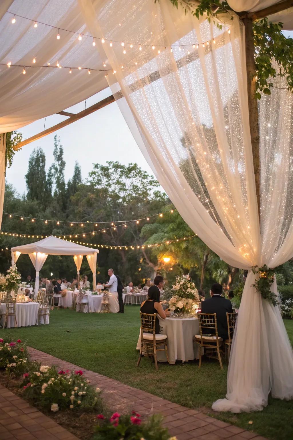 A beautifully decorated tent providing a cozy yet open atmosphere for an outdoor wedding reception.