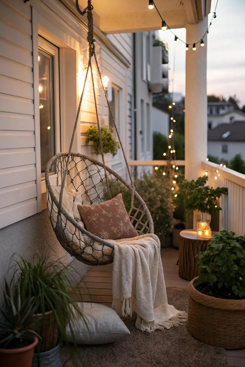 A swinging chair adds a playful and whimsical touch to small terraces.