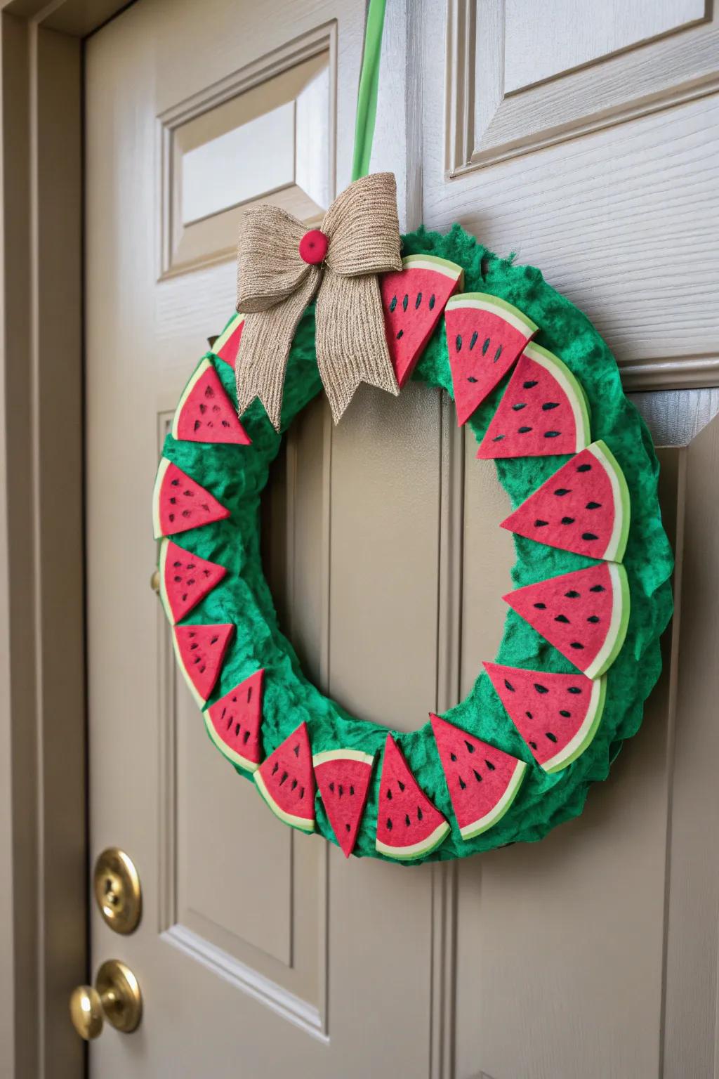 An eco-friendly wreath crafted from recycled materials, combining sustainability with summer style.