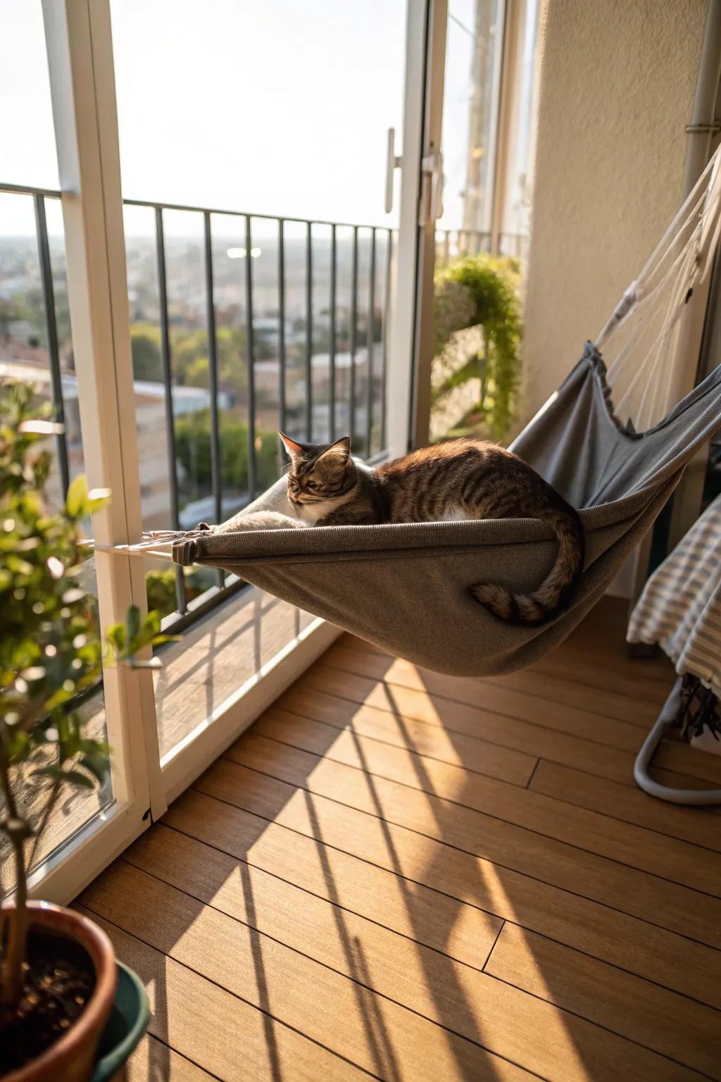 A balcony featuring a cozy cat hammock for lounging.
