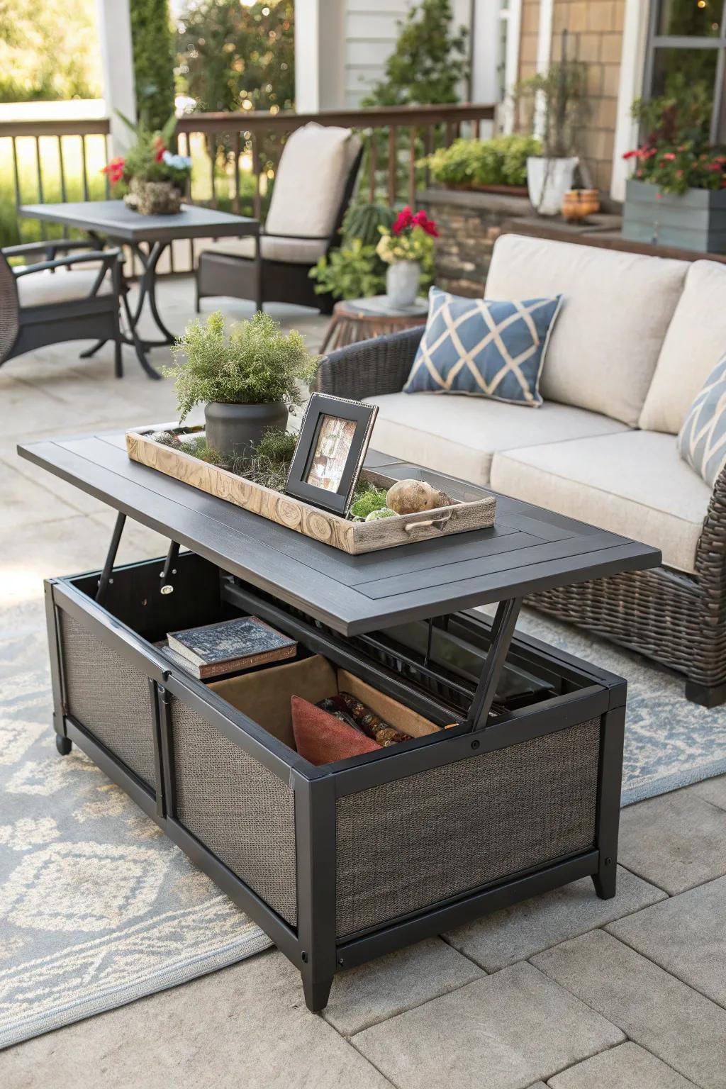 A convertible coffee table on a patio, perfect for storing essentials.