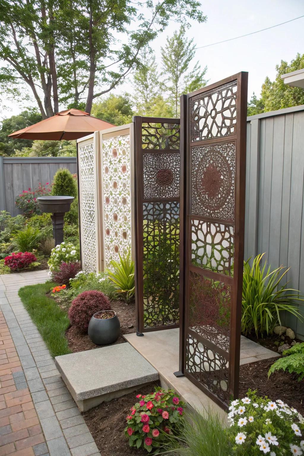 Artistic screens serve as both decor and privacy solutions.