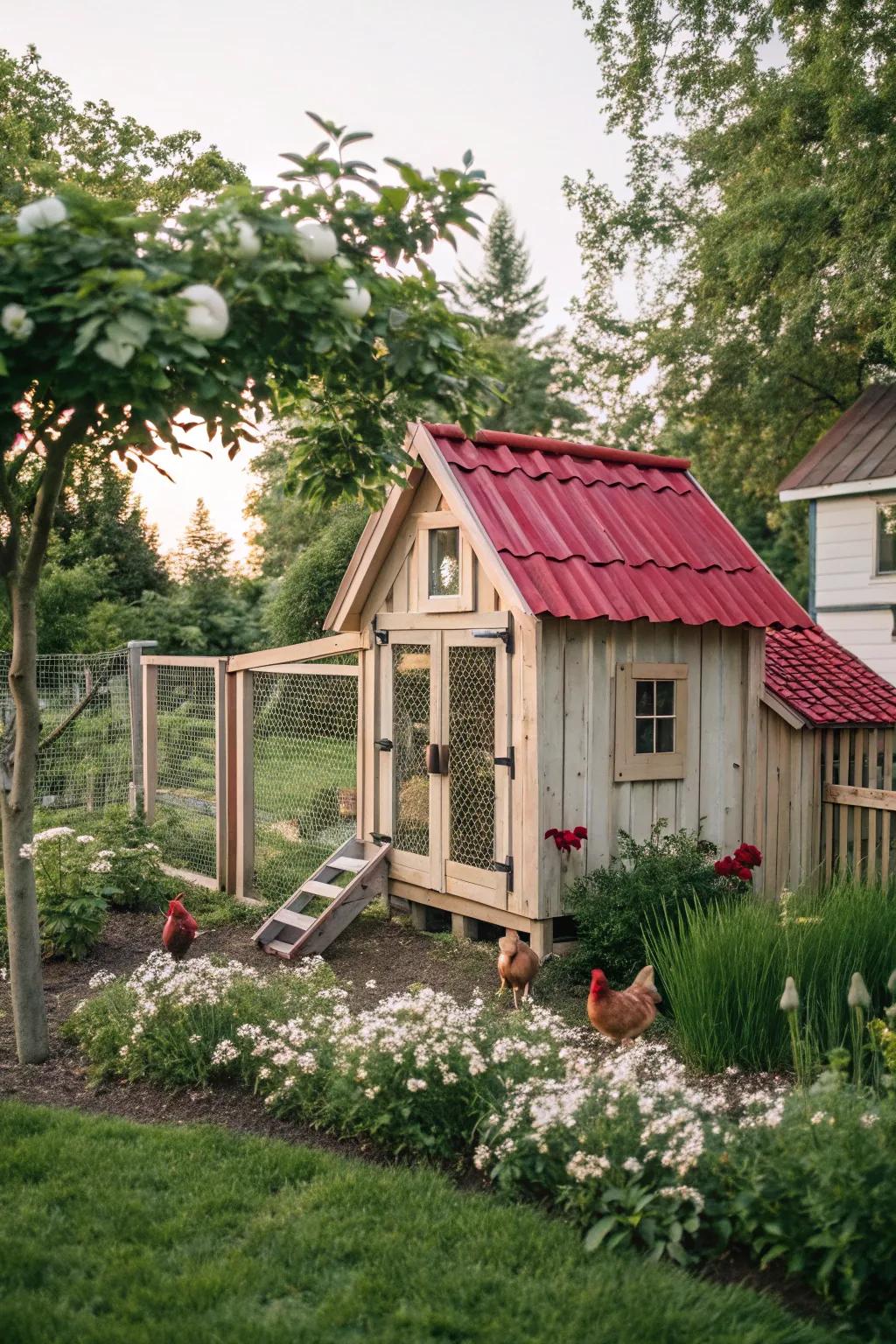 A cozy cottage-style chicken coop adds charm to any backyard.