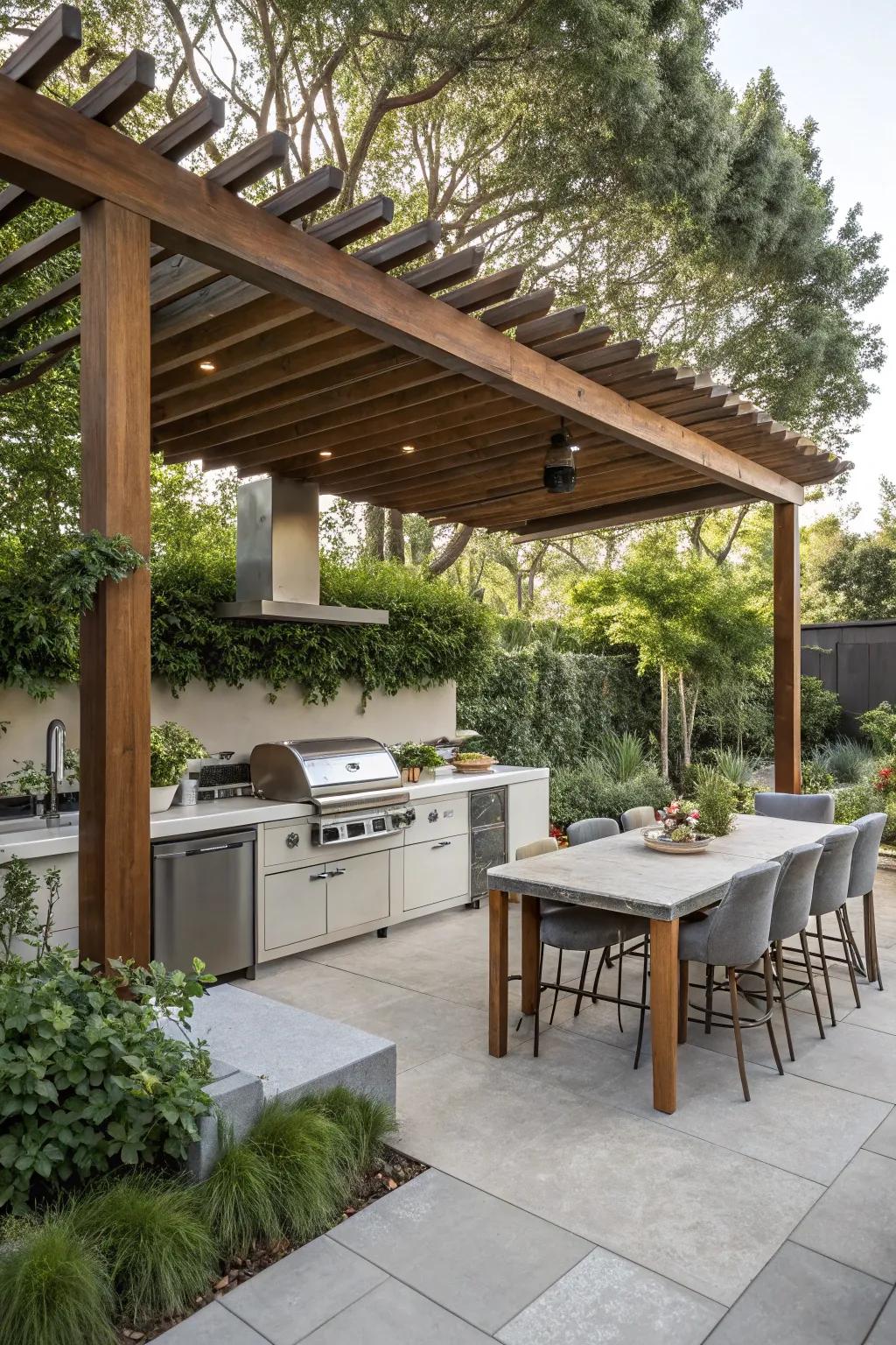 A pergola offers both style and protection for an outdoor pantry.